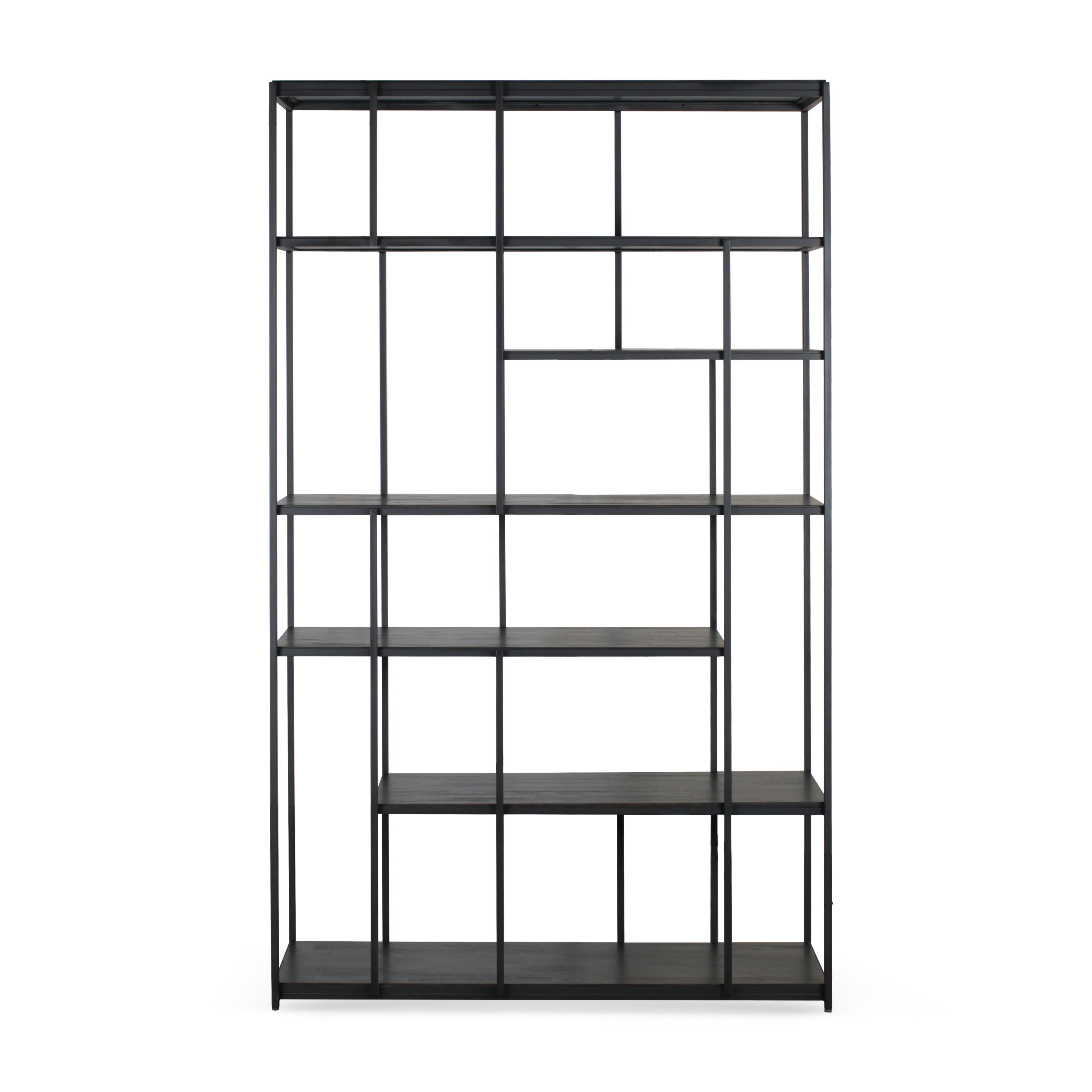 A black studio rack with multiple shelves, made of wood and metal, with a varnish finish.