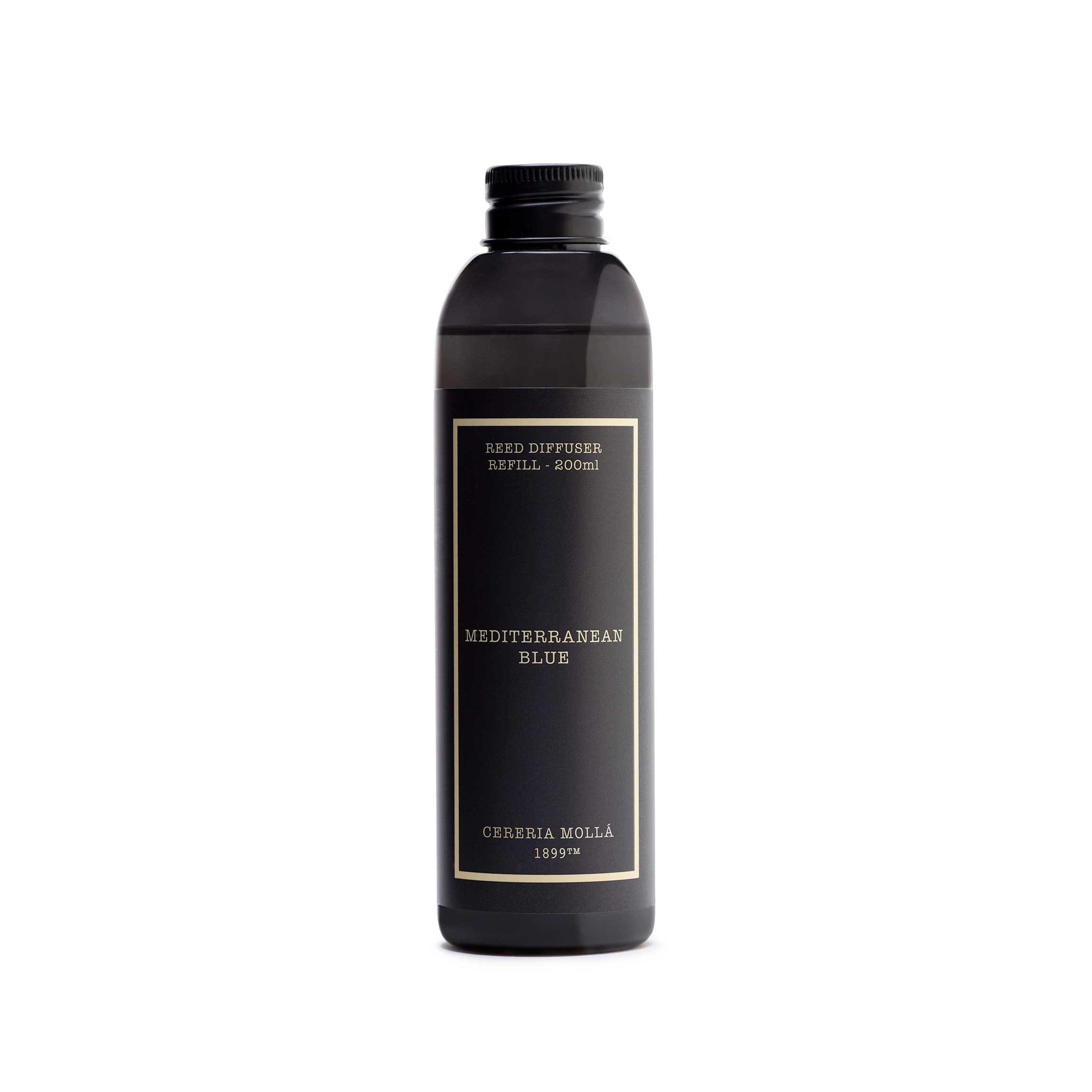 Refill bottle with black label 'Mediterranean blue' written on label
