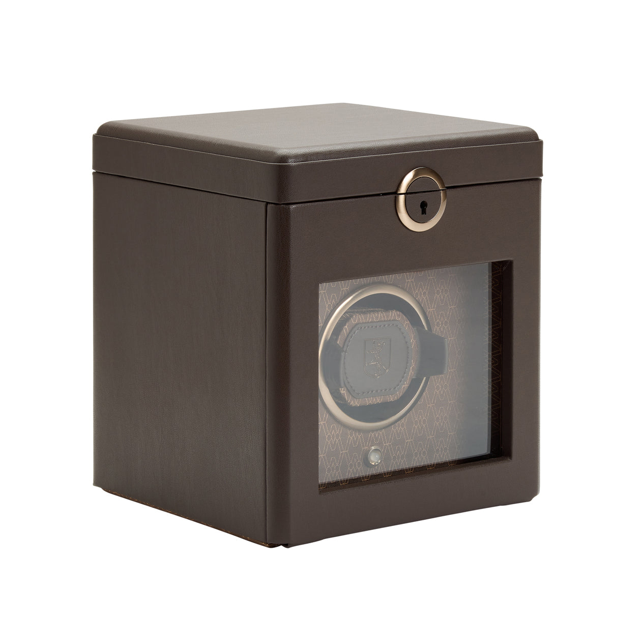 Brown watch winder box with a clear front panel on a white background