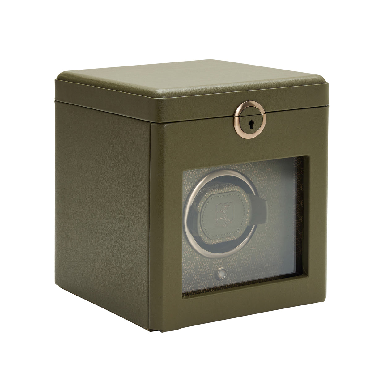 Olive Green watch winder box with a clear front panel on a white background