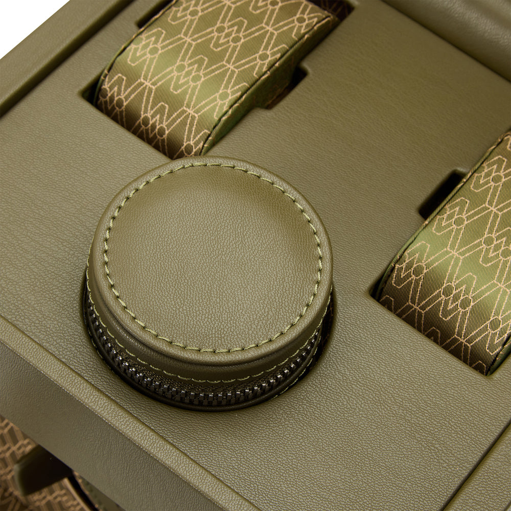 Close-up of a green leather watch box with a round button and geometric patterned straps.