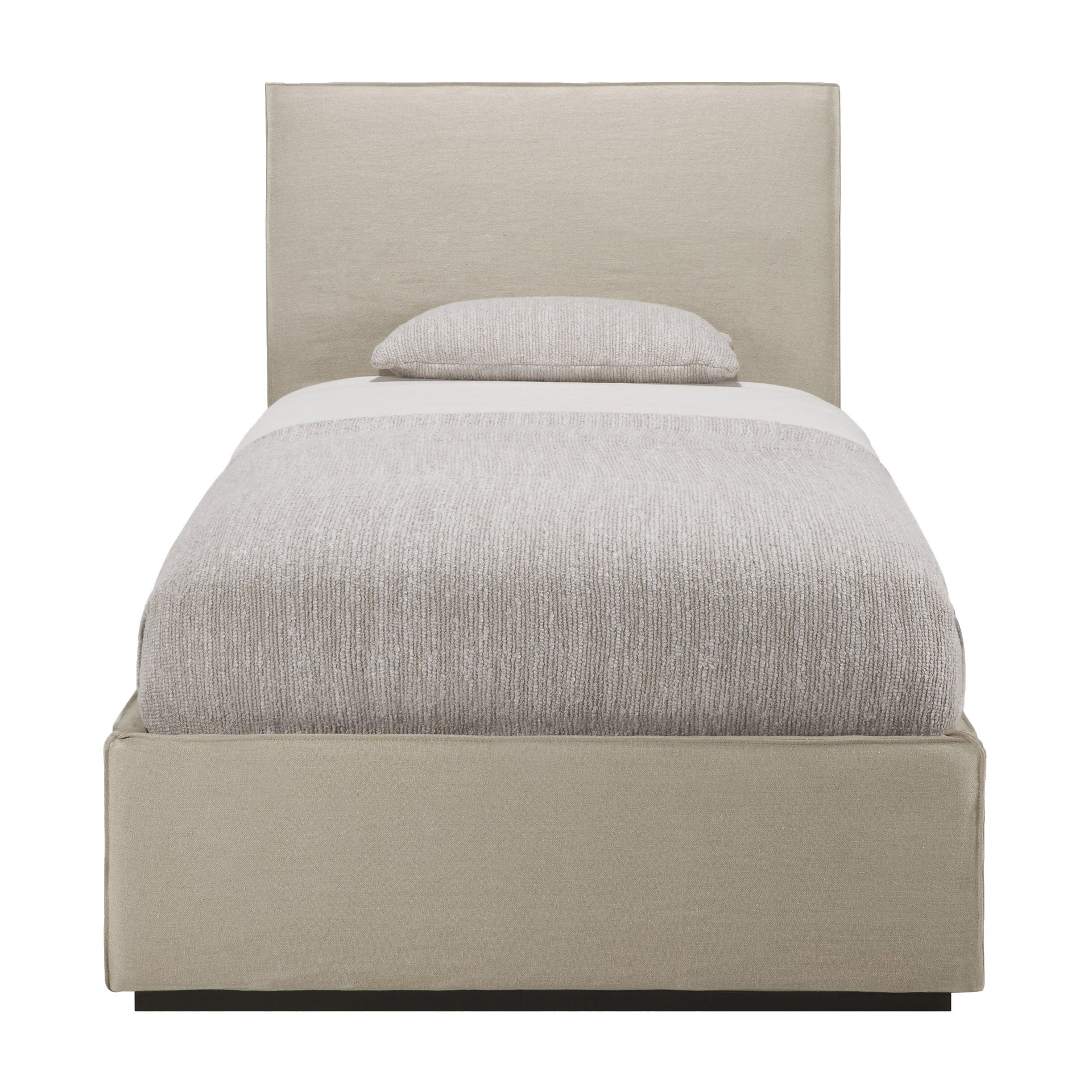 Beige upholstered bed with a matching headboard on a white background
