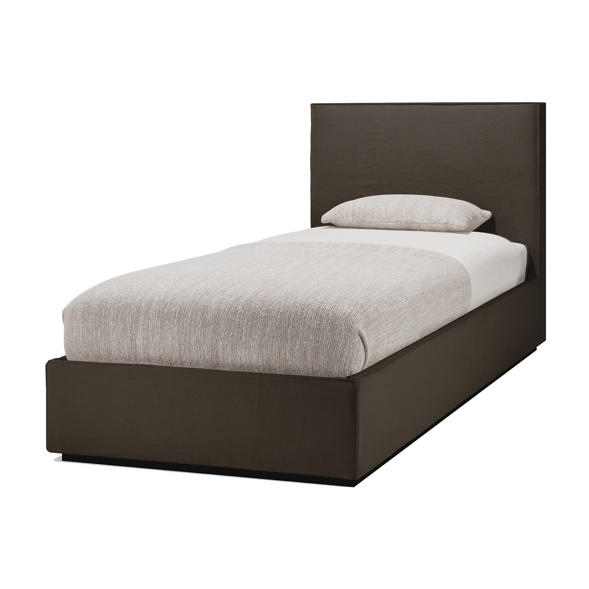 Bed with dark brown frame and light gray bedding on a white background