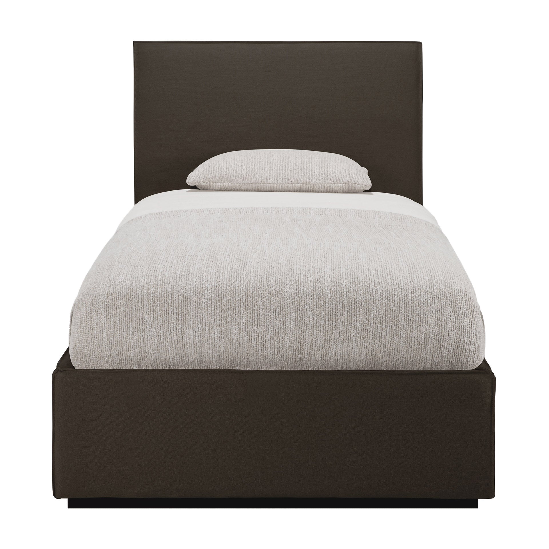 Bed with dark brown frame and light gray mattress on a white background
