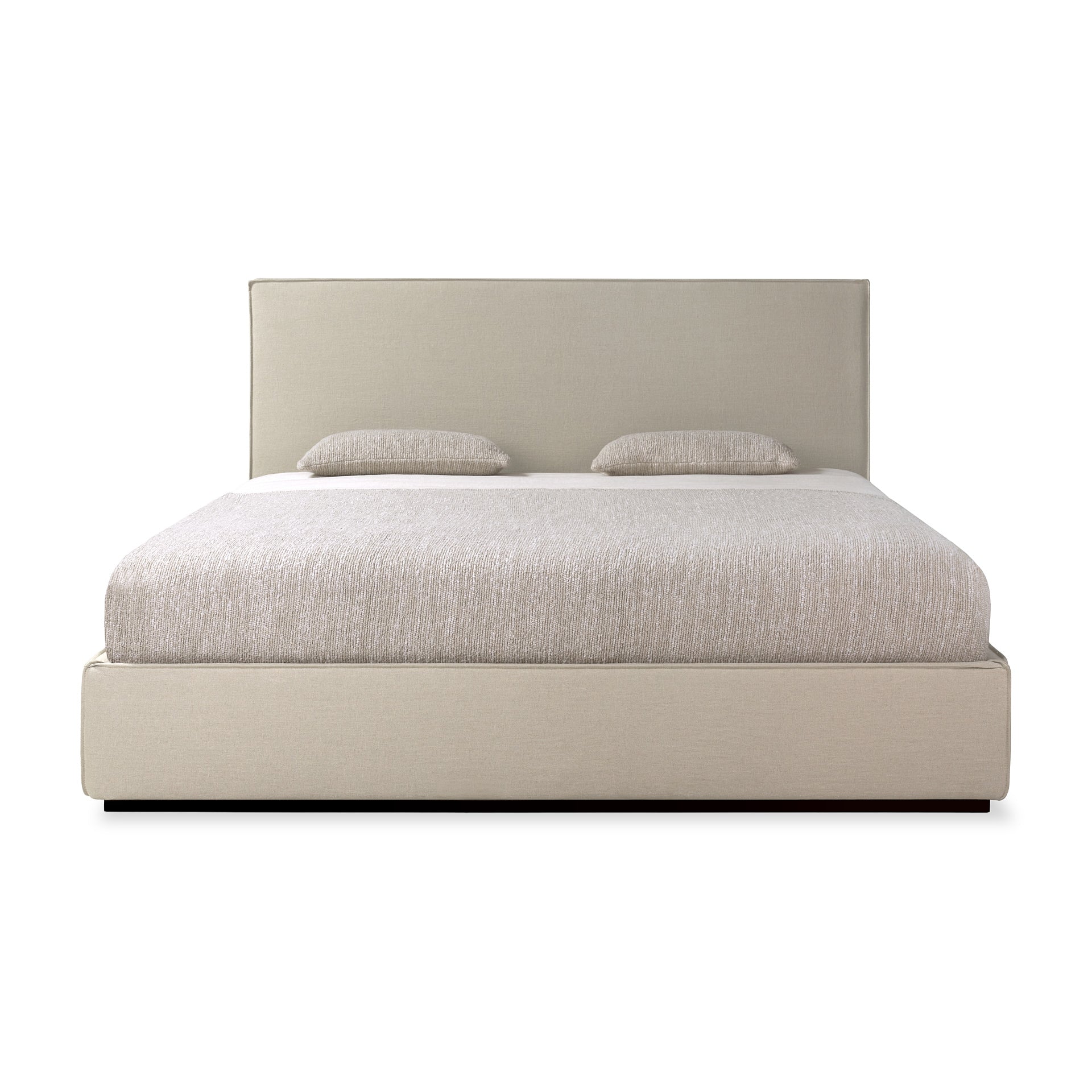 Beige upholstered bed with headboard on a white background