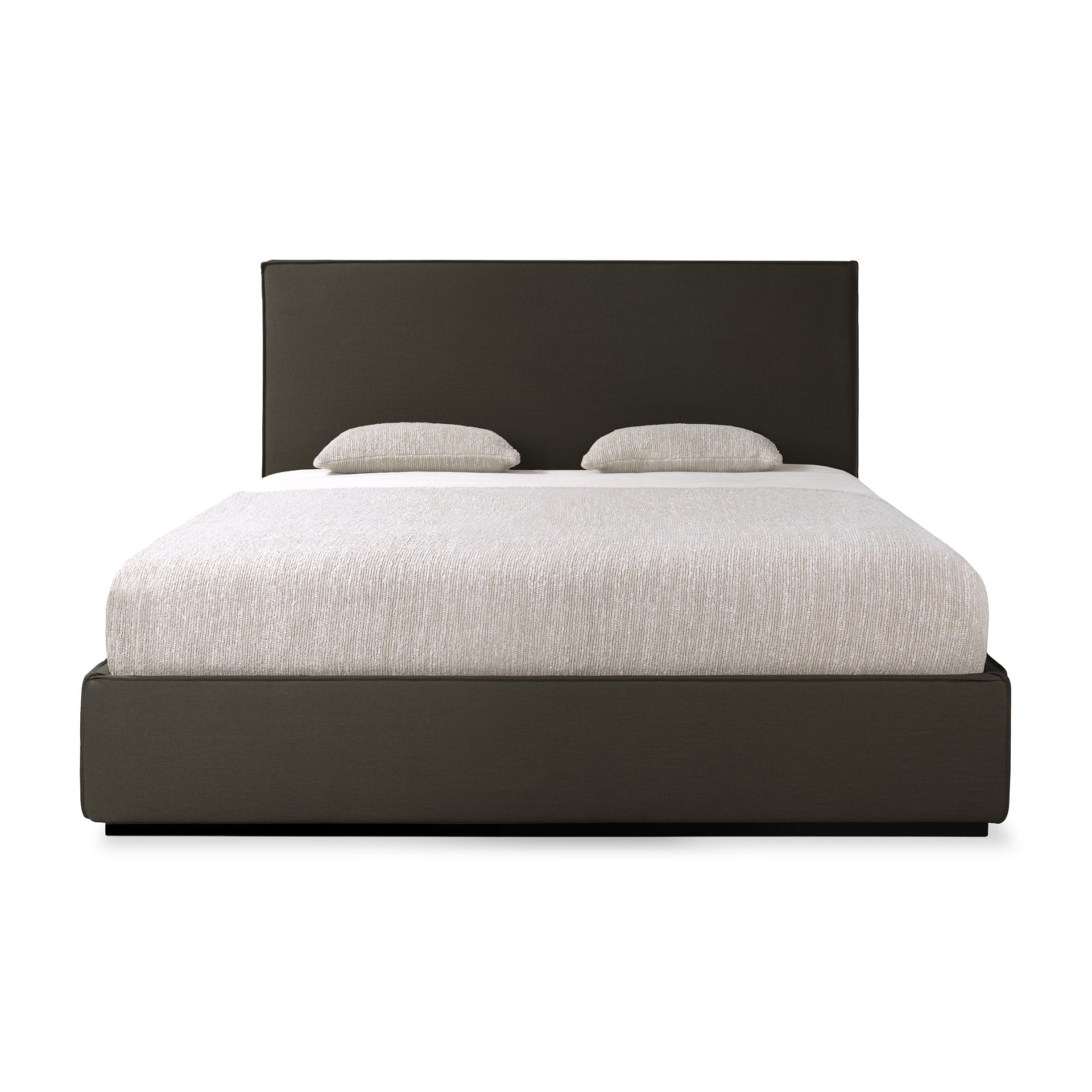Bed with black frame and white mattress on a white background