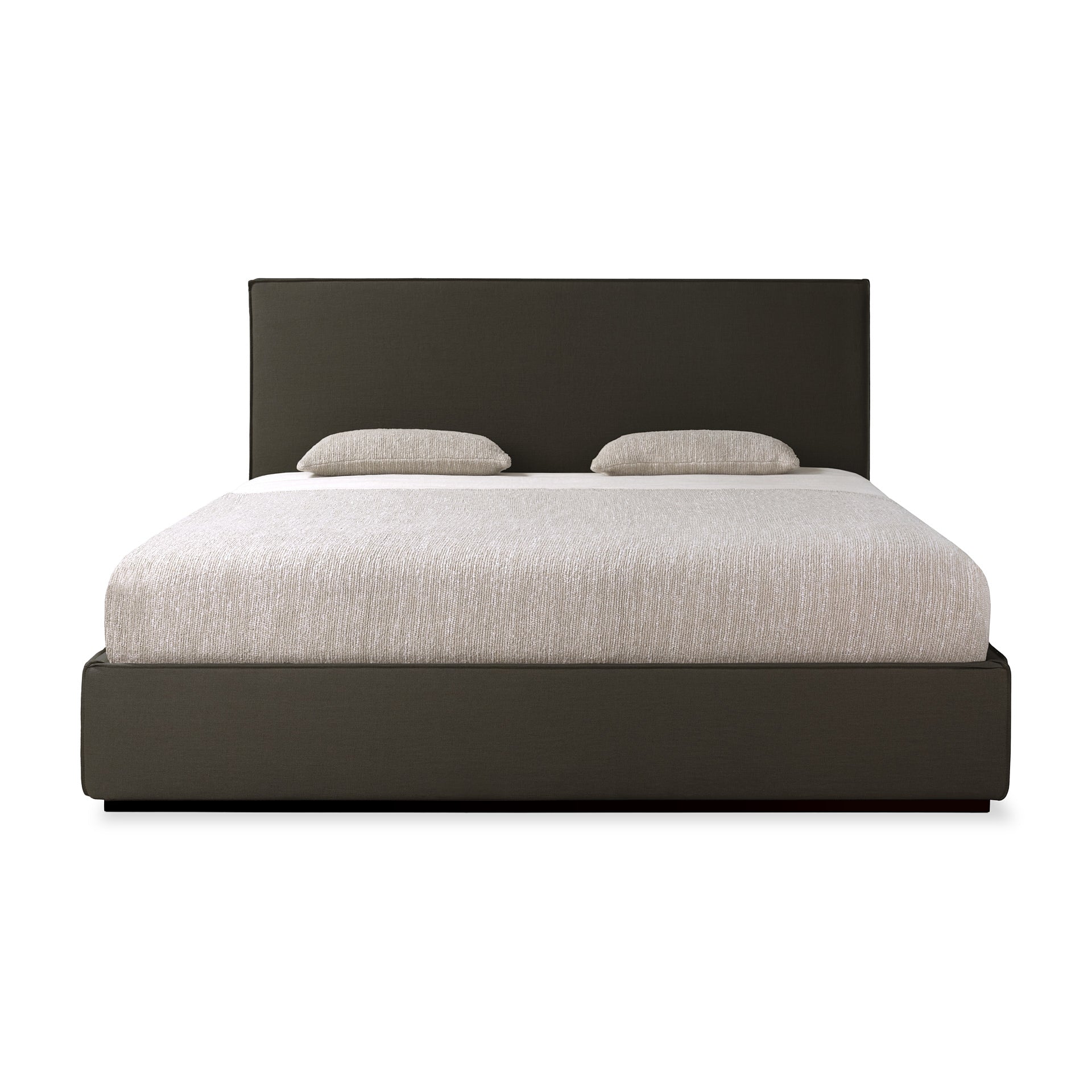 Modern bed with black frame and beige mattress on a white background