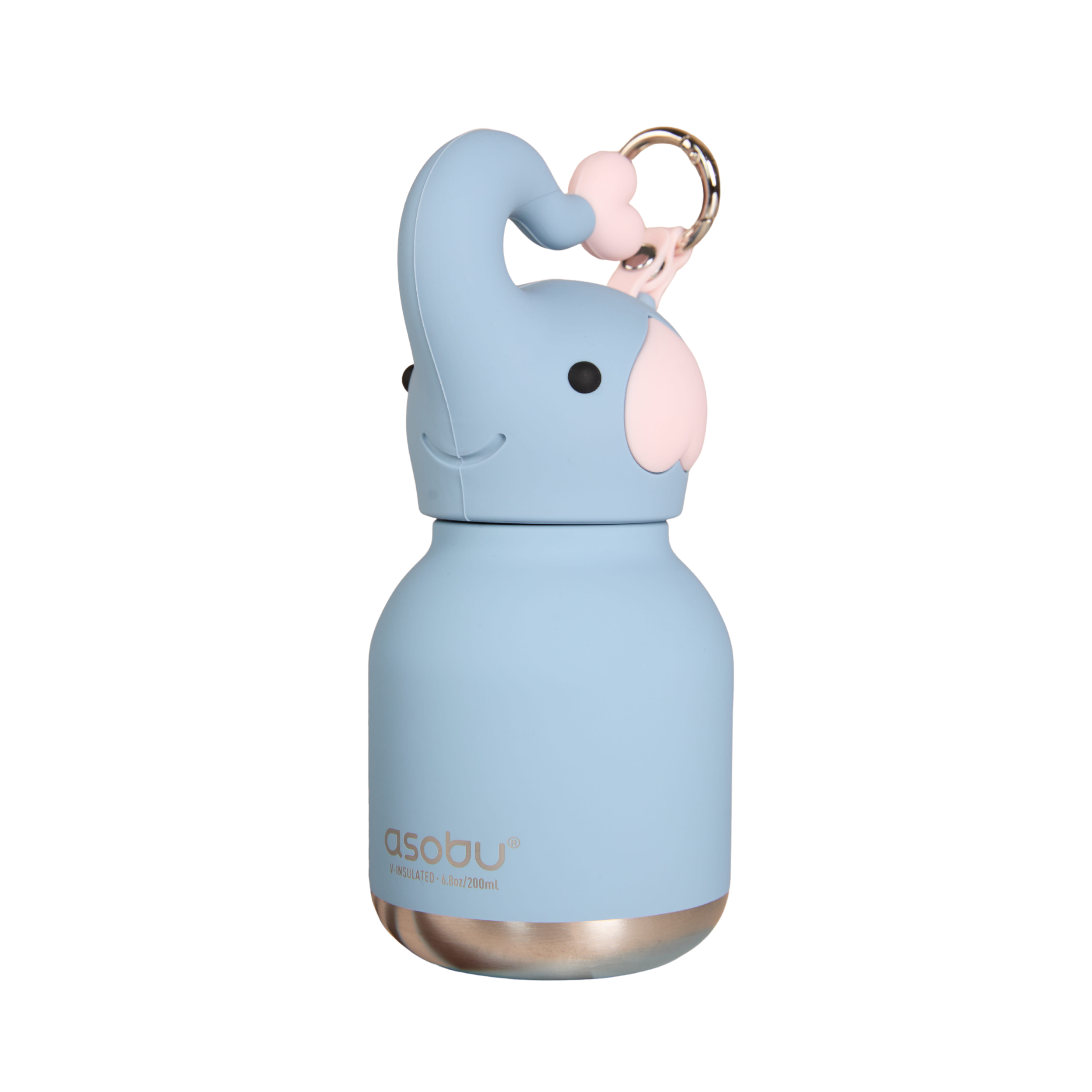 A light blue Asobu insulated bottle with a matching elephant-shaped lid, featuring a small pink ear, black eyes, a gold-tone metal key ring, and a metallic gold base.