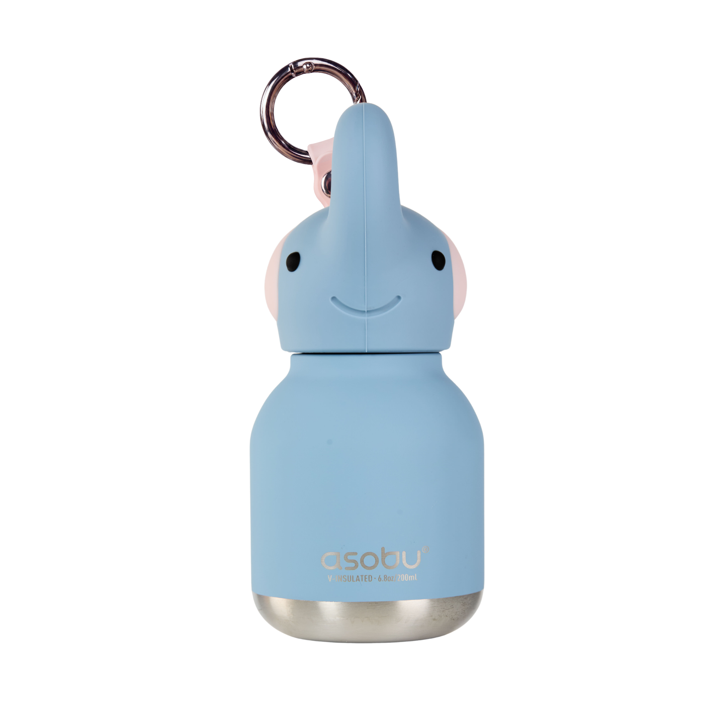 Blue water bottle with elephant design and keychain on a white background