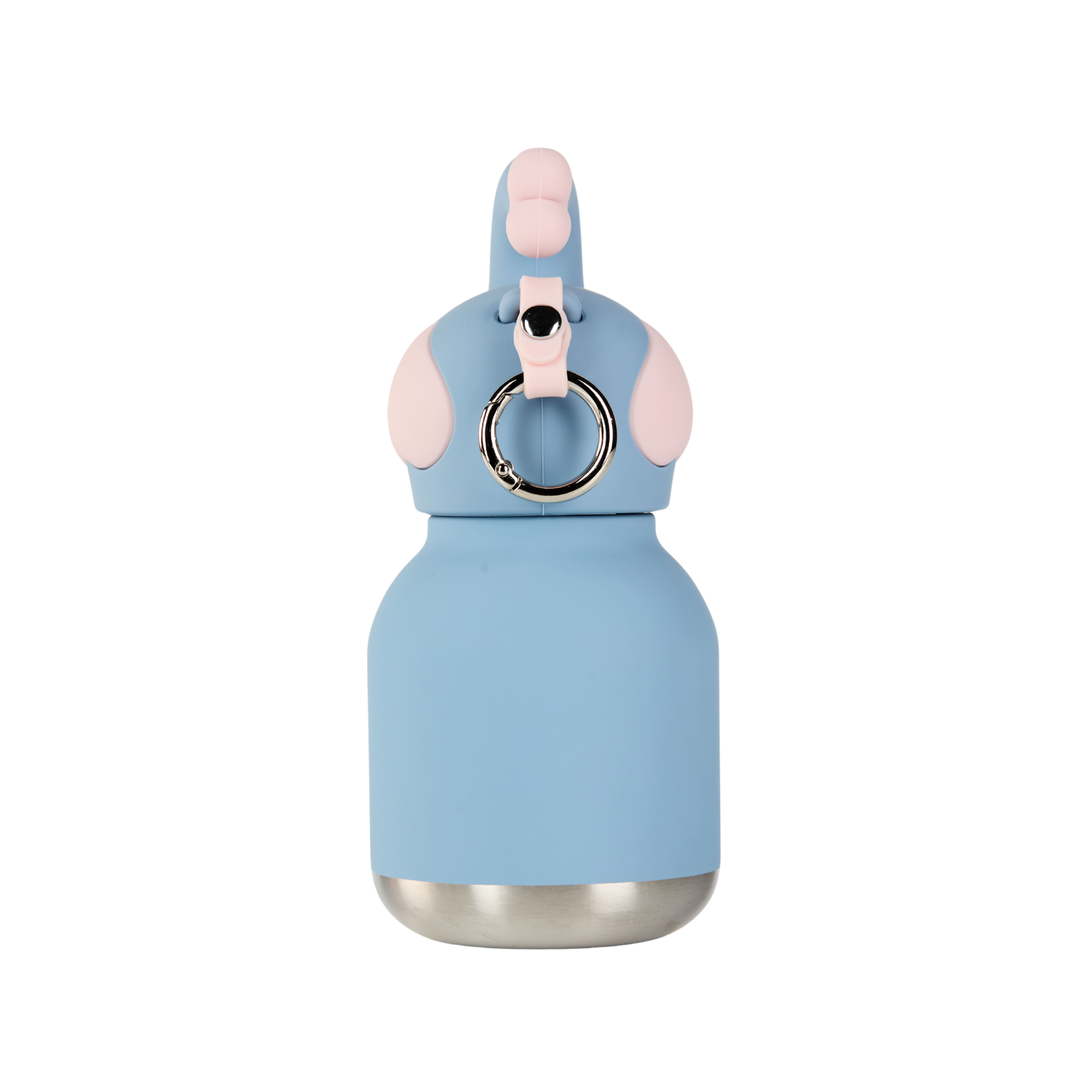 Light blue elephant shaped water bottle with pink silicone cover on a white background
