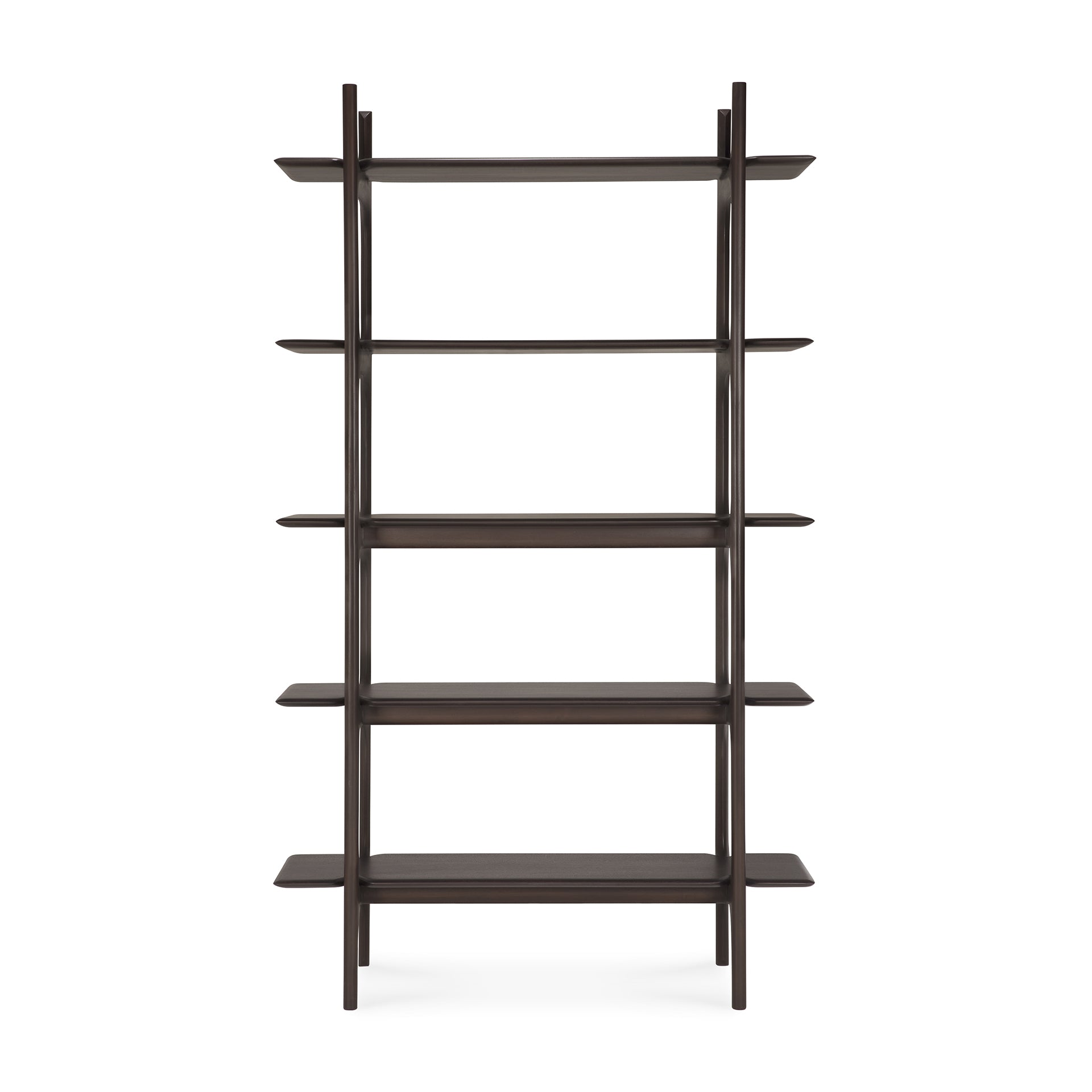 A polished, dark brown wooden rack with multiple shelves, with a sleek and modern design.