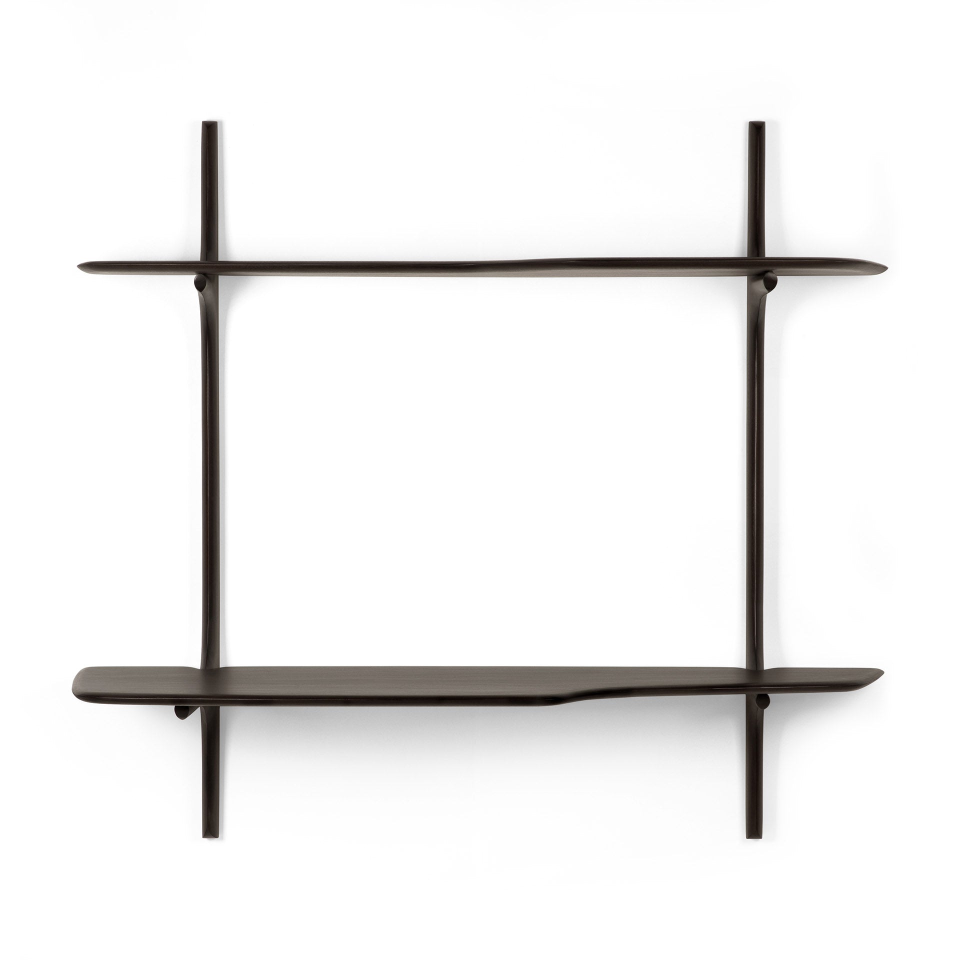 A wall-mounted desk with a sleek, polished finish, composed of dark brown stained mahogany, featuring a simplistic design with horizontal shelves and vertical supports.