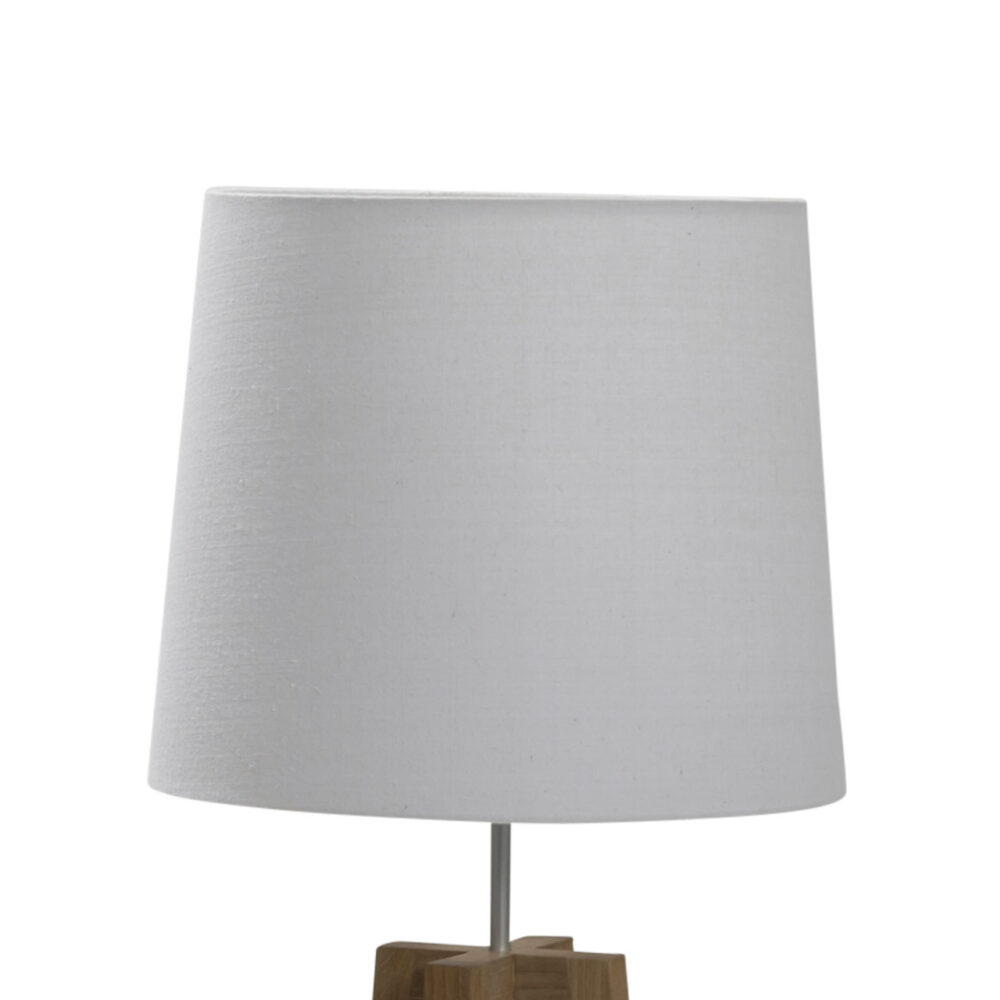 A close up of a table Lamp shade in white with a white background.