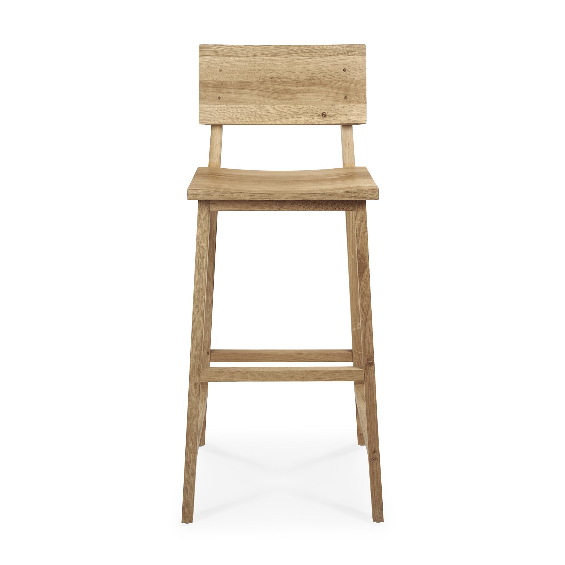 A solid oak bar stool with a varnish finish, featuring a simple design with a flat, wide seat and a straight-back post.