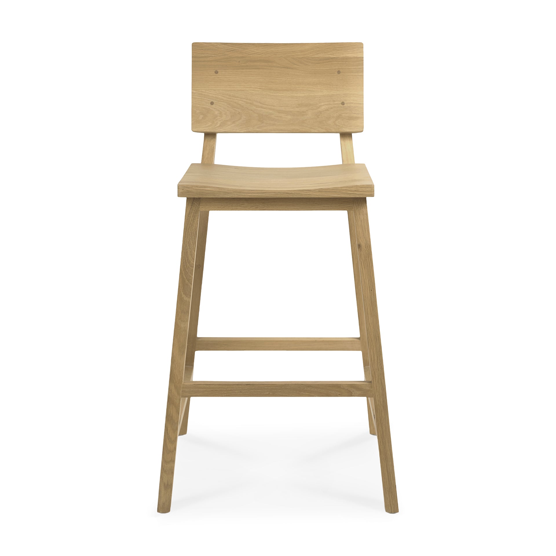 A solid oak bar stool with a hardwax oil finish, featuring a full backrest and a seat cushion.