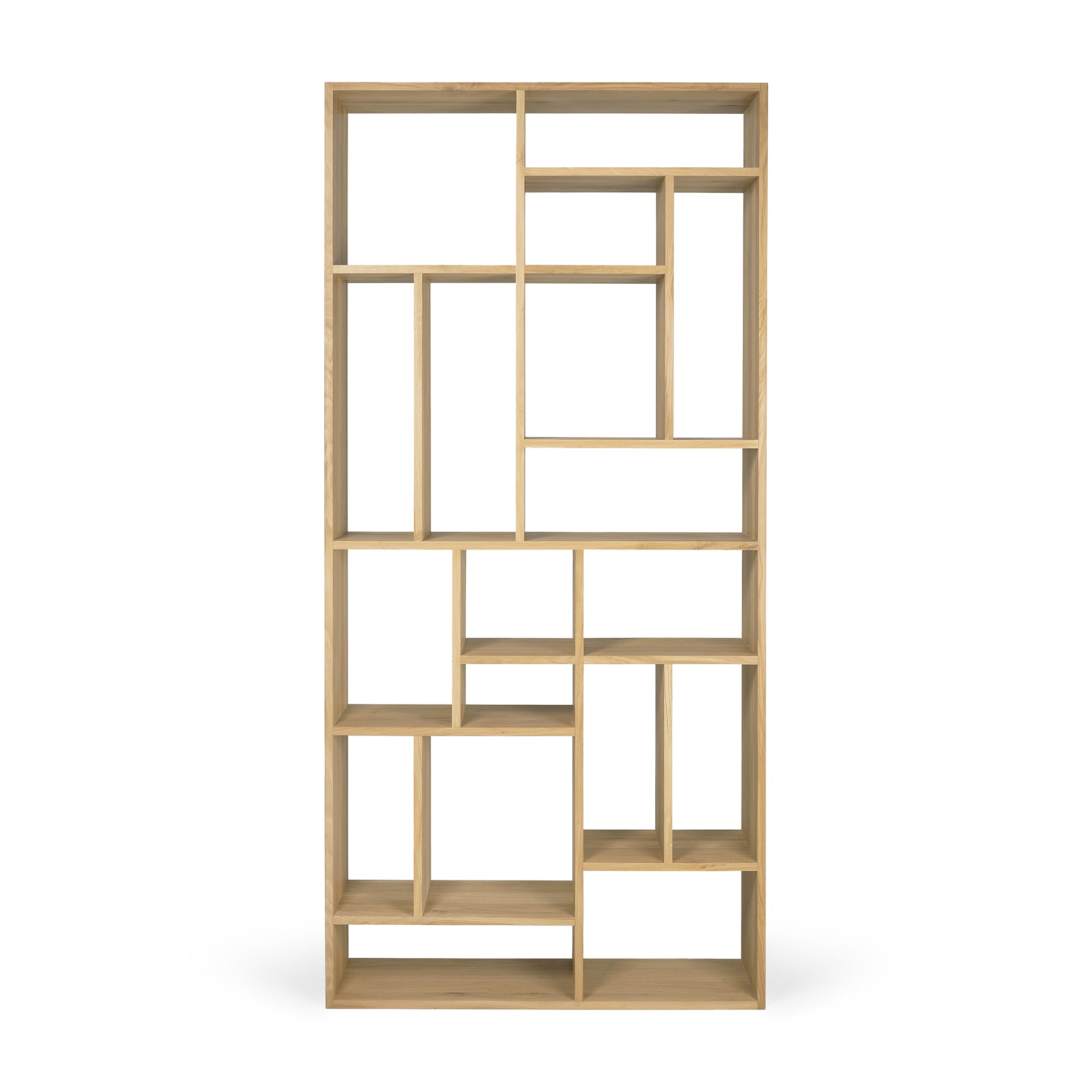 A wooden rack shelving unit with a geometric Mondrian-inspired design, featuring a grid of vertical and horizontal lines.