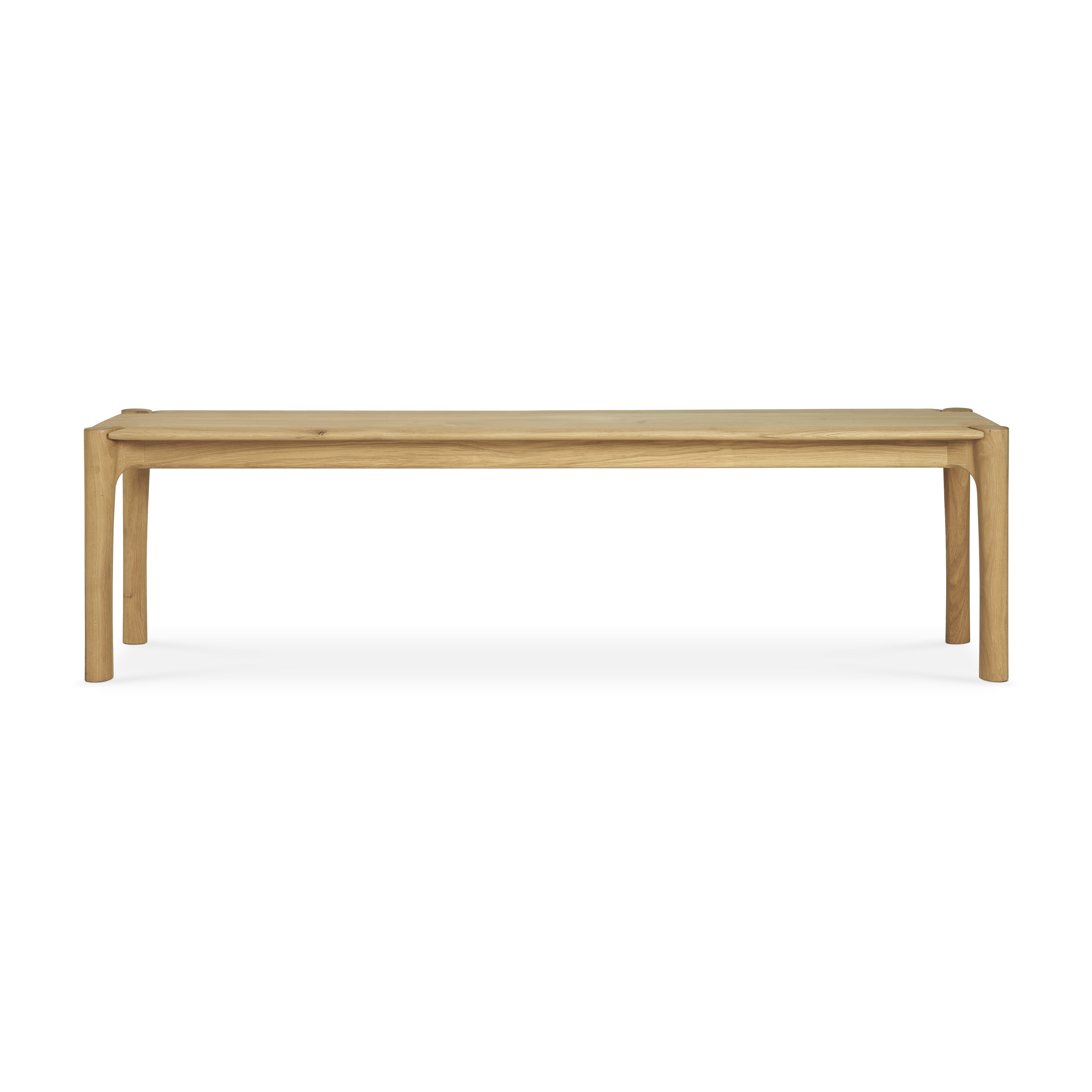 A polished wooden bench with a sleek and minimalistic design, featuring a natural wood color.