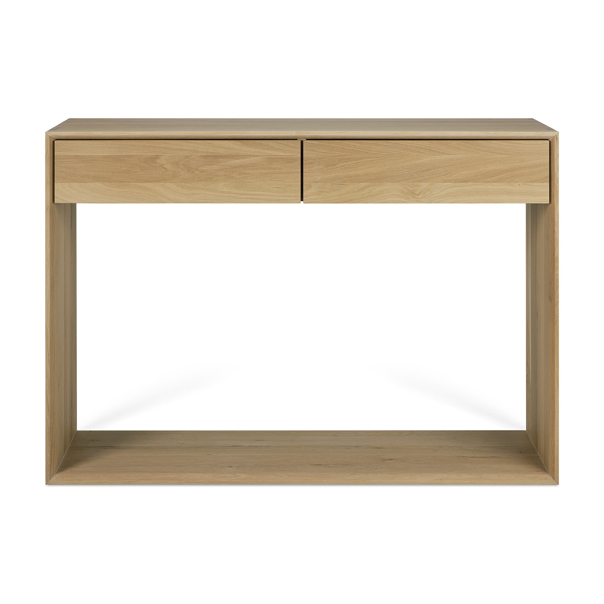 A beige Nordic style console table with two drawers, made of solid oak wood, from the Ethnicraft brand.