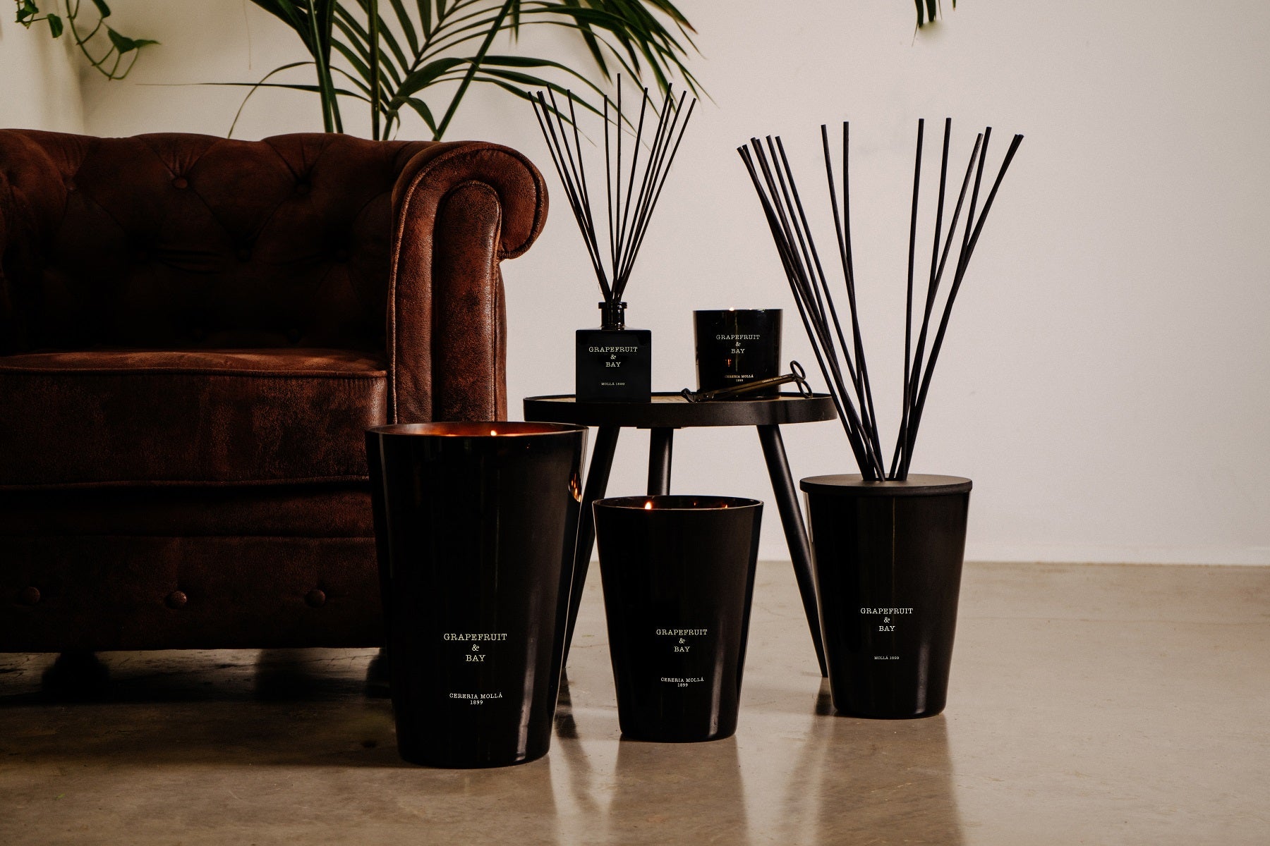 Cereria Molla candles and diffusers on a table with a brown couch in the background