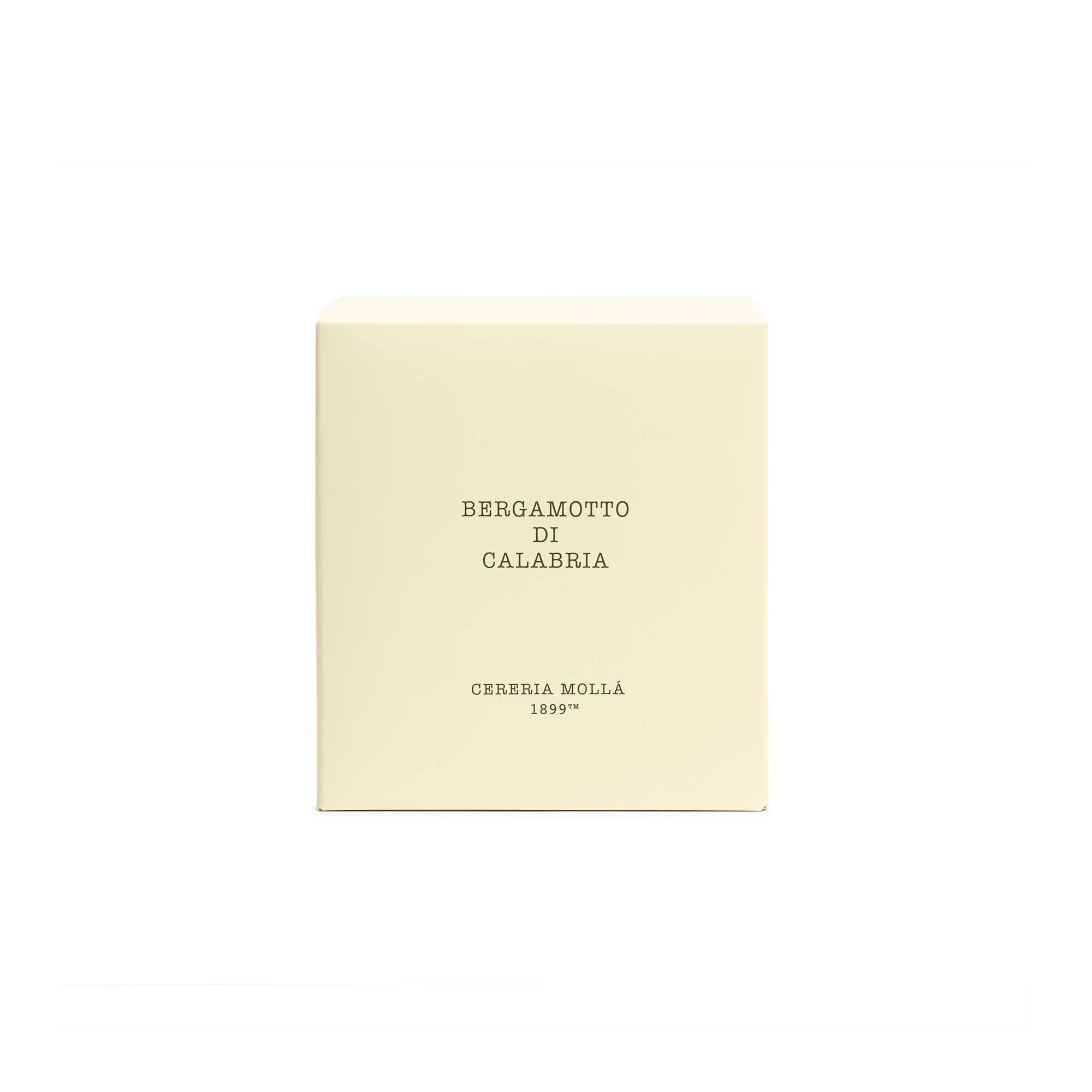 A cream-colored square box with black text reading 'BERGAMOTTO DI CALABRIA' and 'CERERIA MOLLA 1899' on a plain white background.