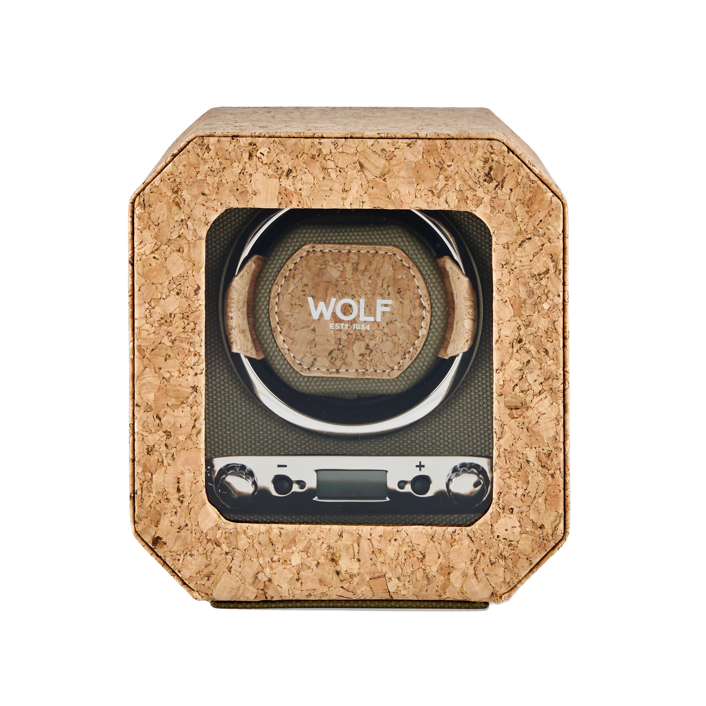 Cork watch winder with 'WOLF' branding on a white background