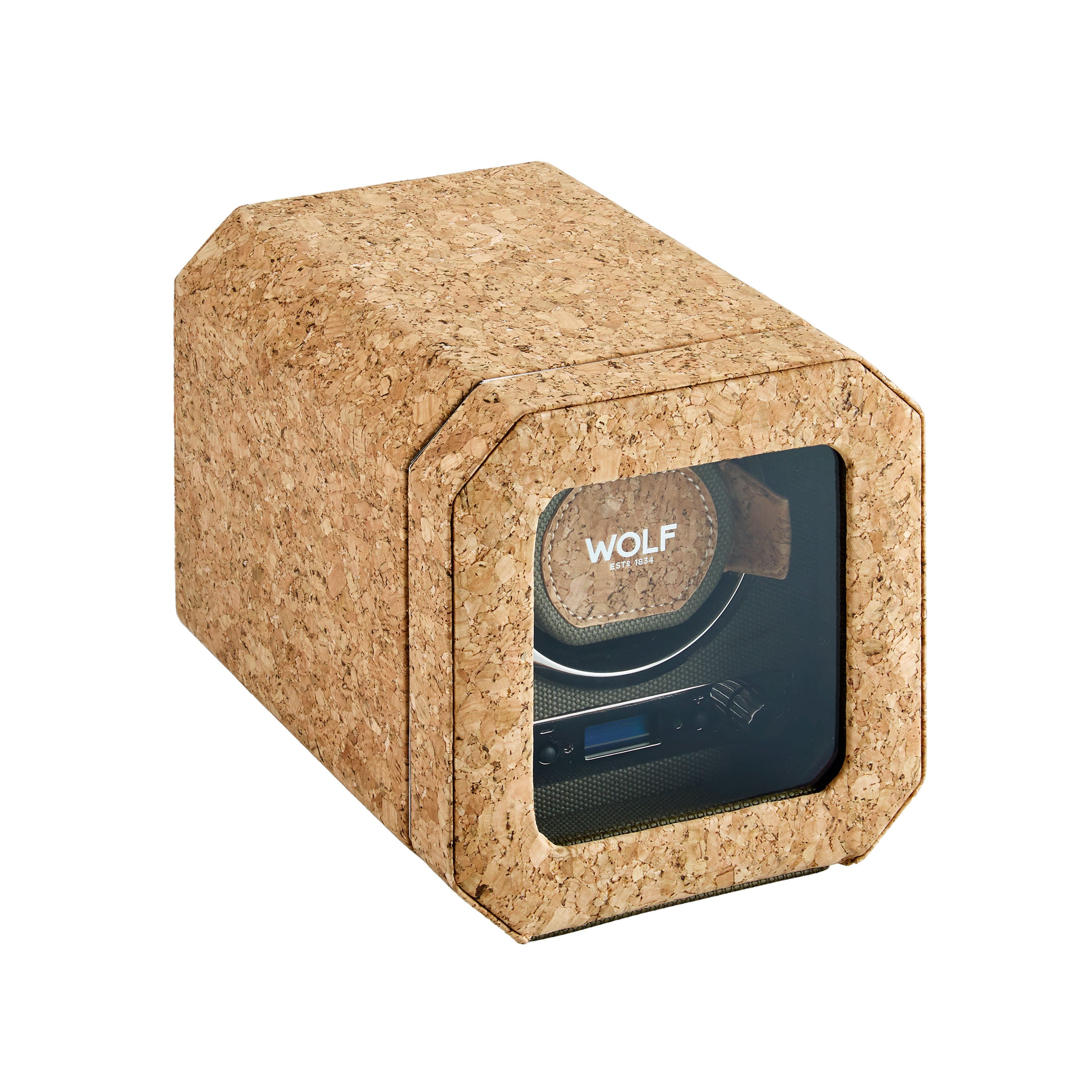 Cork-wrapped watch box with 'Wolf' branding on a white background