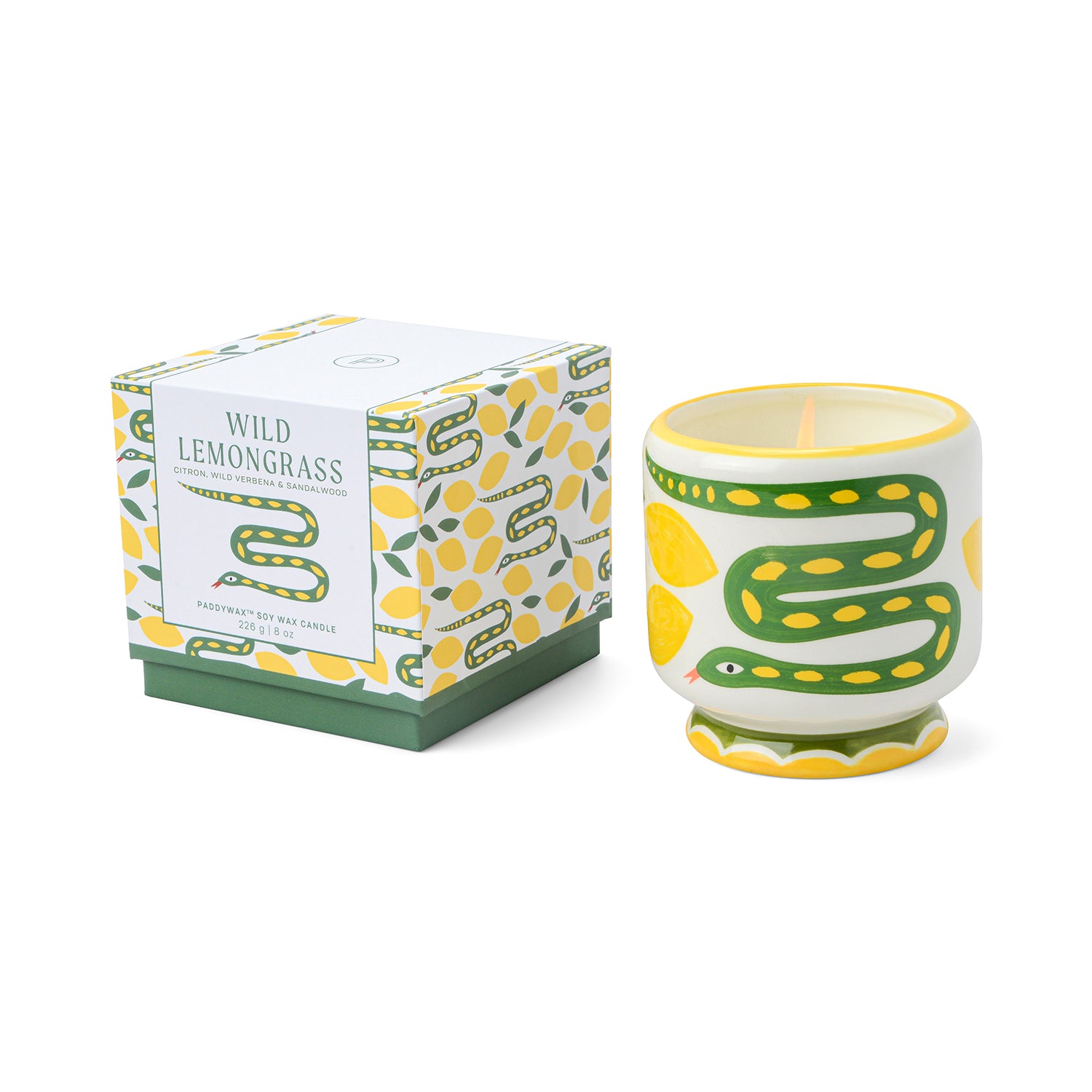 Candle with snake design and packaging on a white background