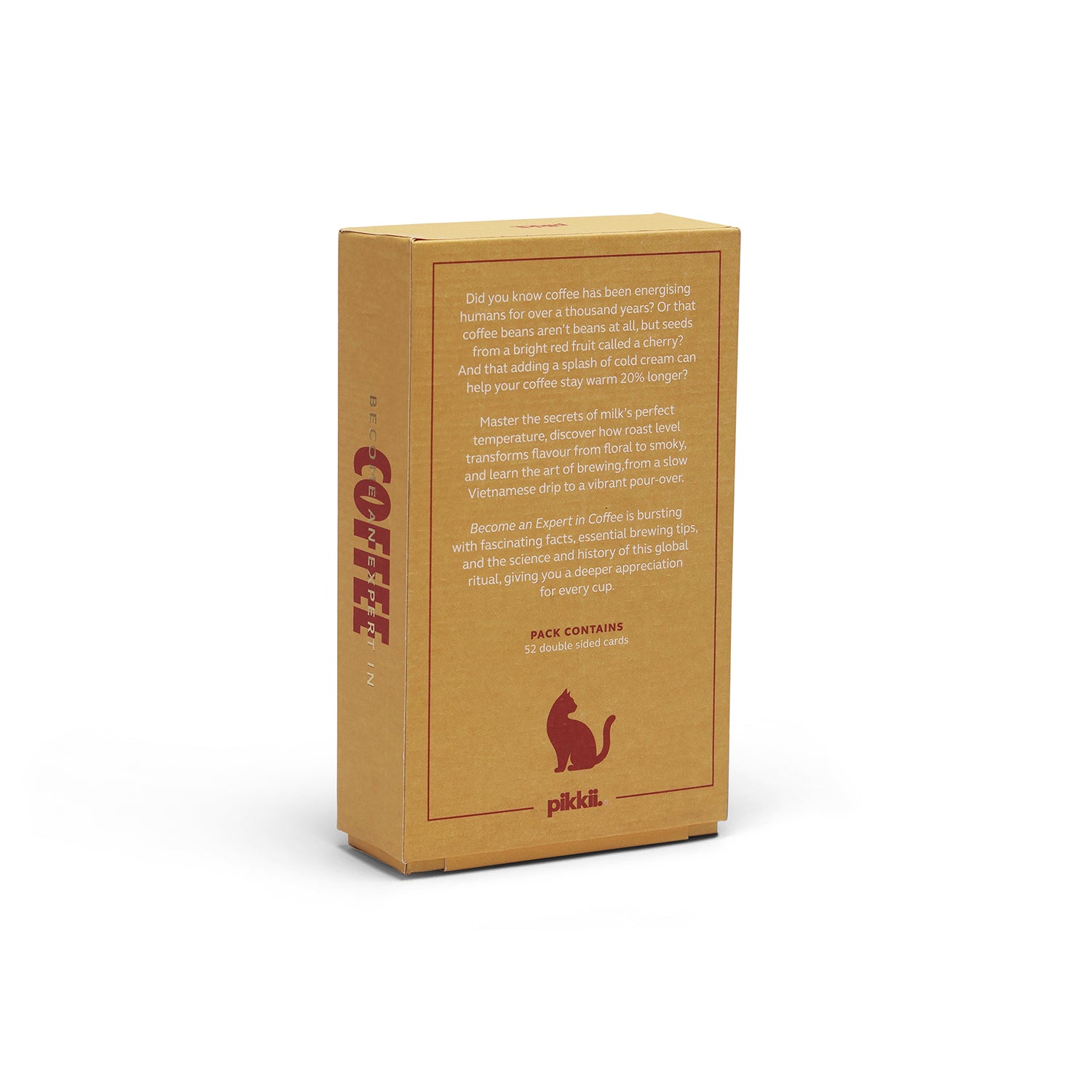 A brown cardboard box for Piklii Coffee, showing the back side with product description text and a red cat logo, set against a plain white background.