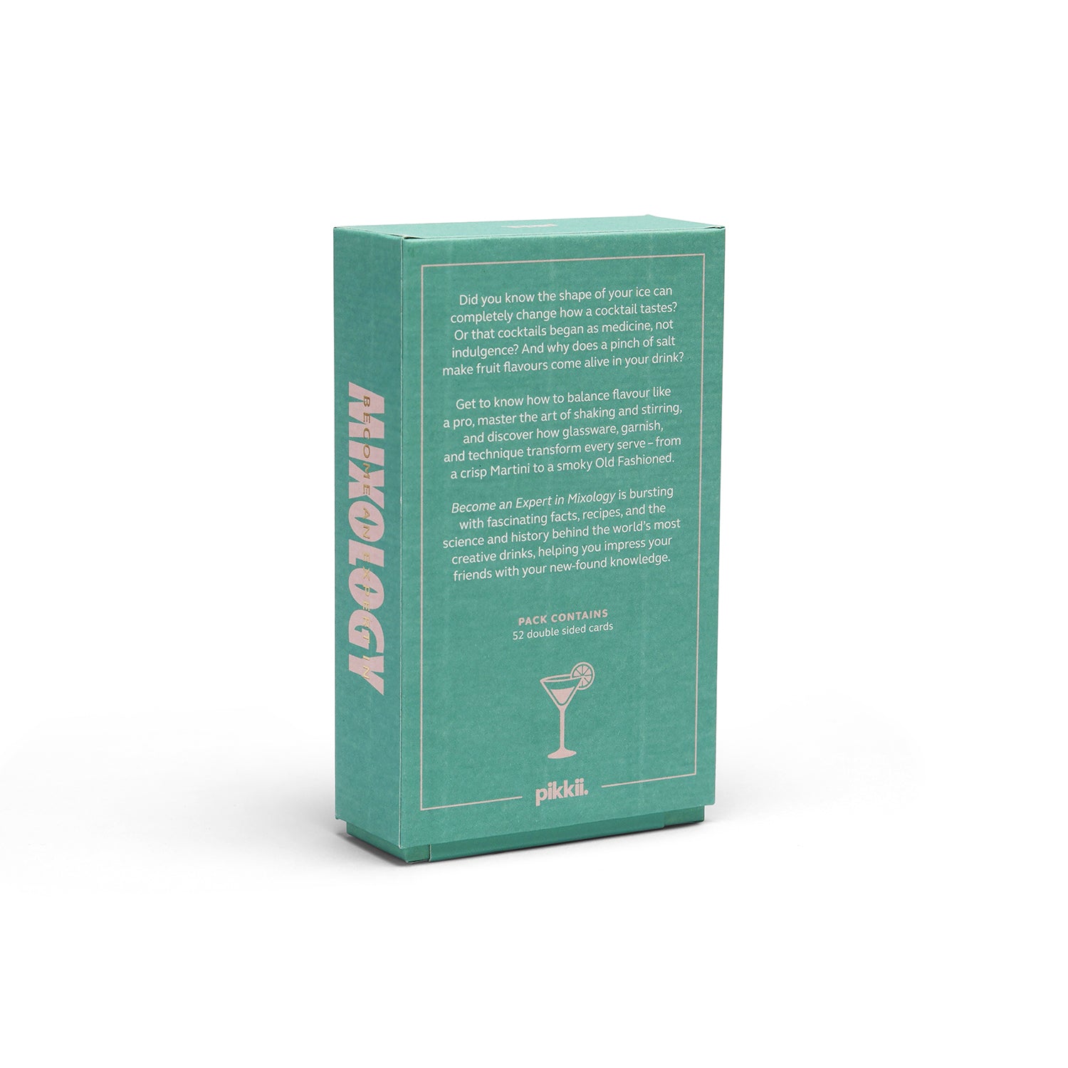 A teal-green rectangular product box standing upright on a white background, with printed text and a small cocktail glass icon on the front and side. The brand name 'pikkii' is visible near the bottom.