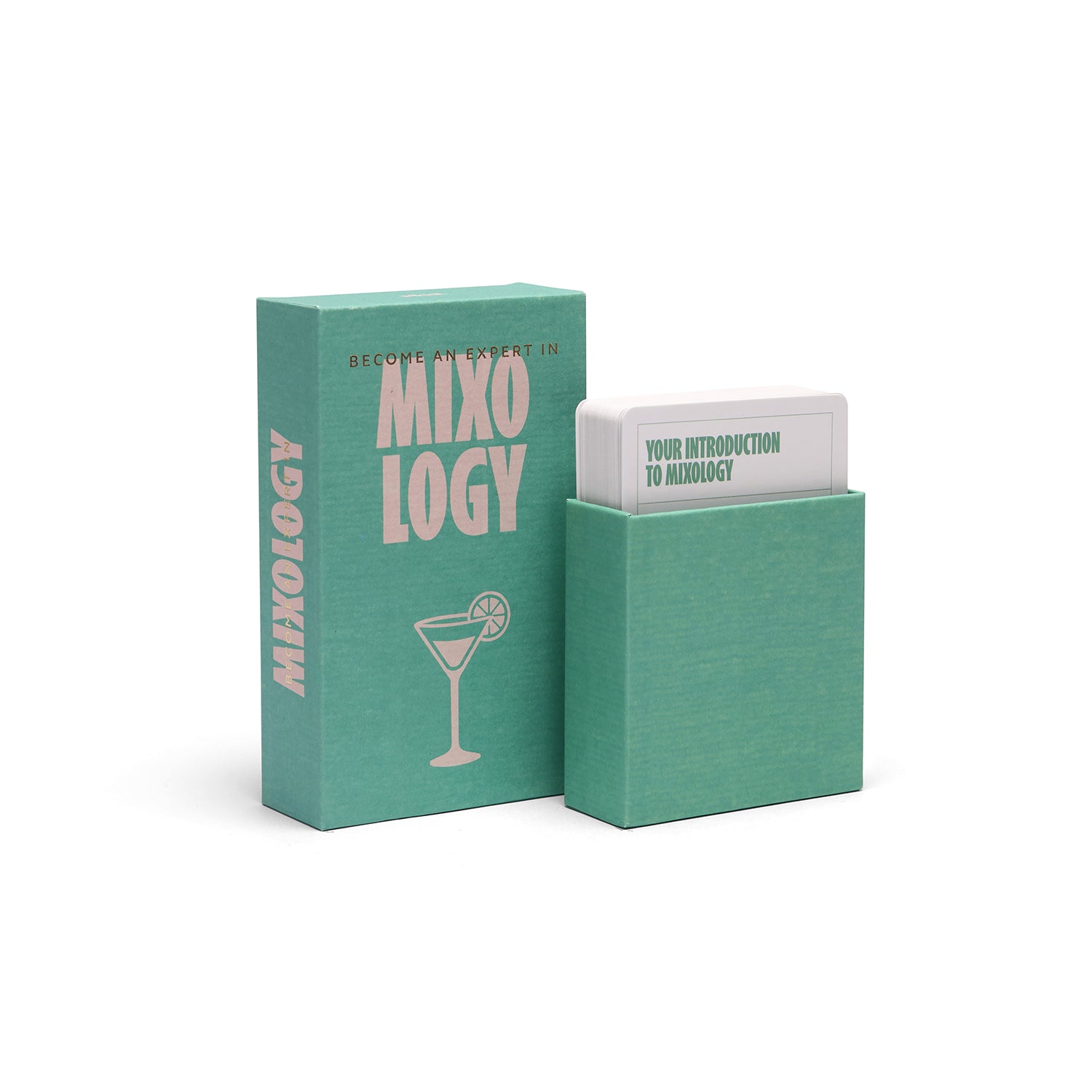 A mint green boxed card set labeled 'MIXOLOGY' stands next to an open matching holder containing a white card that reads 'YOUR INTRODUCTION TO MIXOLOGY' on a clean white background.