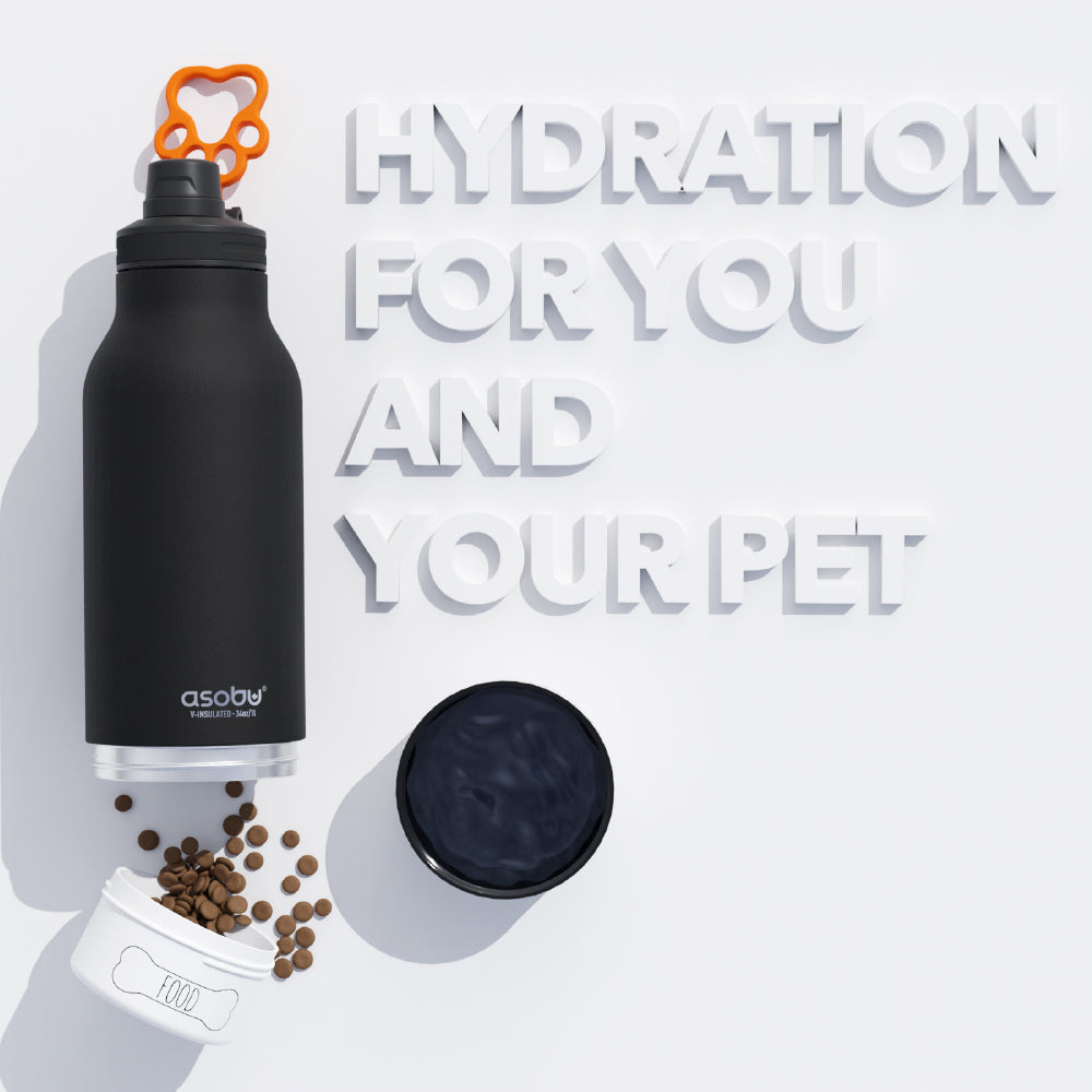 Black pet water bottle with orange top and text 'Hydration for you and your pet' on a light gray background.