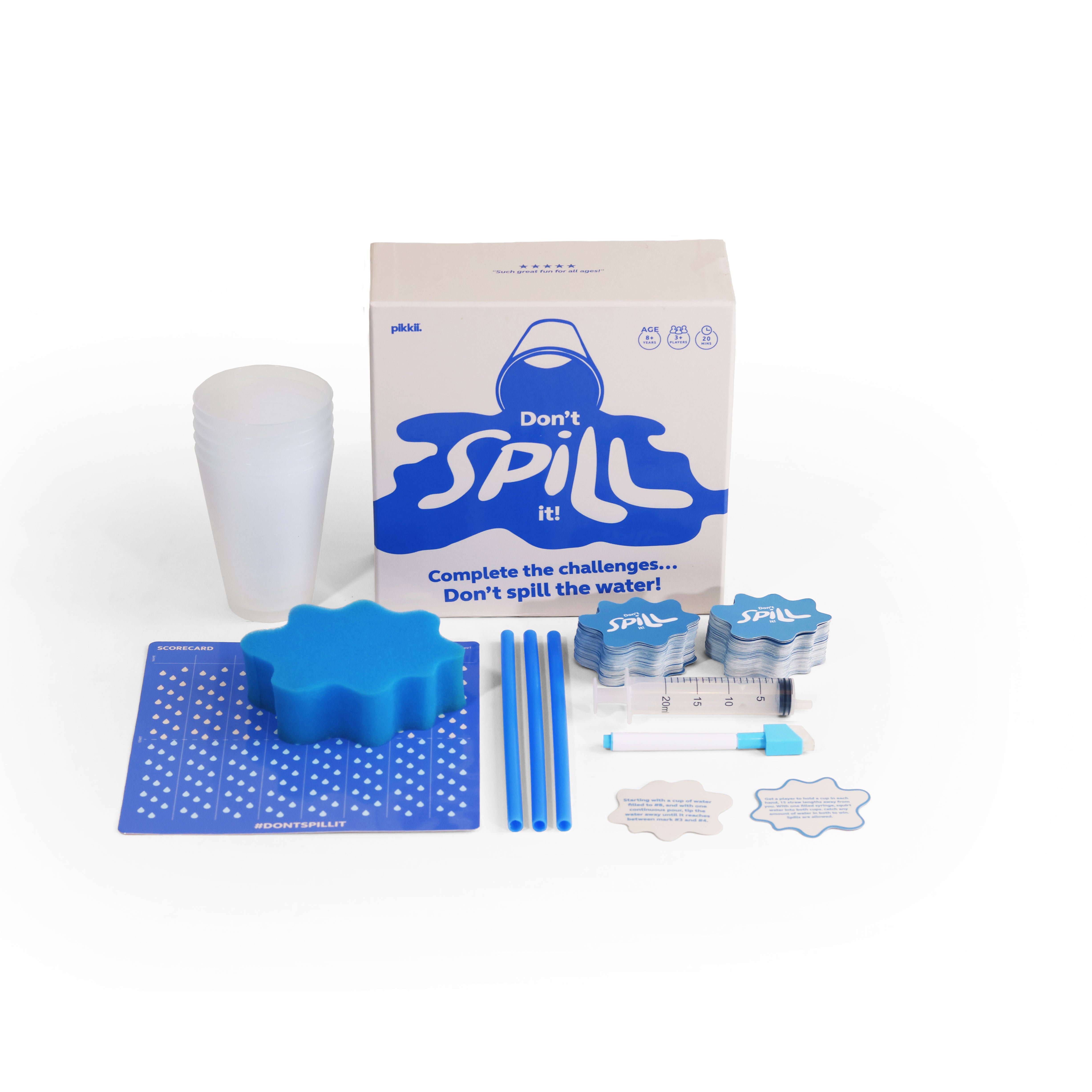 'Don't SPILL it!!' branding, a white cup, a blue star-shaped mat and lid, blue pencils, small blue containers, a syringe, and small labels.