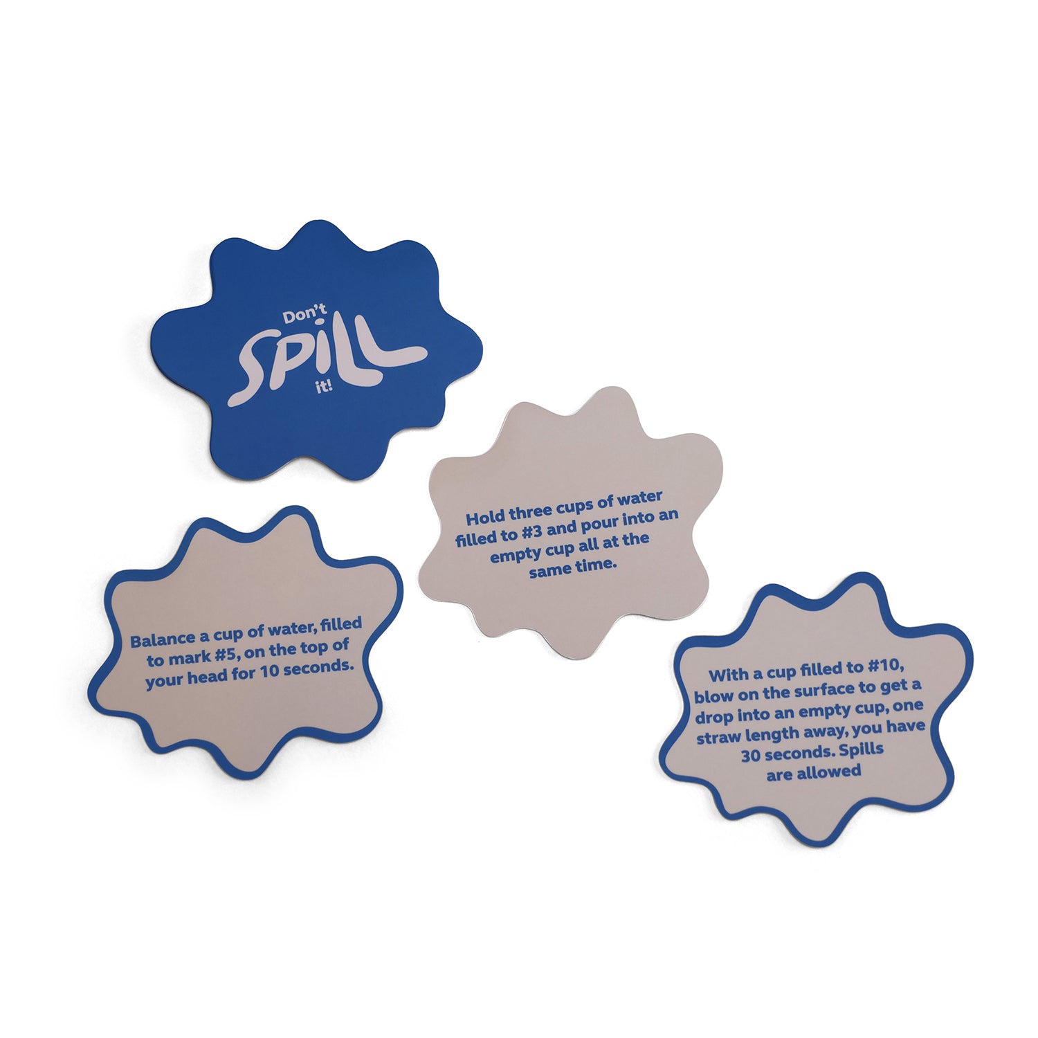 Four cloud-shaped spill-themed game cards arranged on a plain white background. Two cards are blue with white text, and two are light gray with blue text.