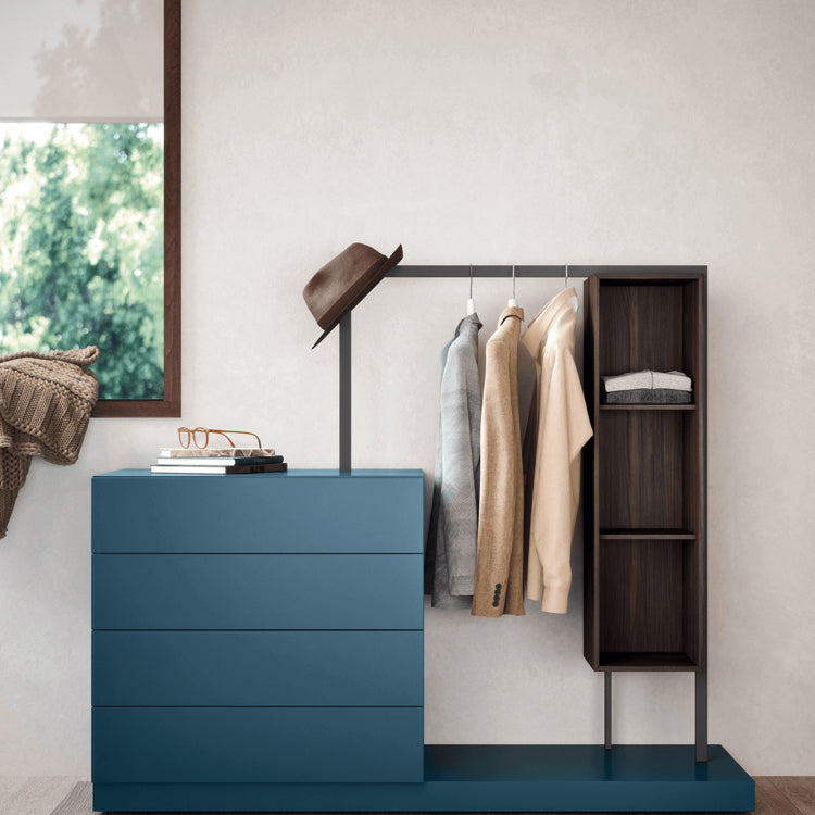 Easy System by Novamobili – modular entryway furniture with minimalist design, featuring a sleek blue chest, open shelving and integrated hanging rail – available at Iroka Interiors Cornwall for contemporary storage and hallway organisation solutions.