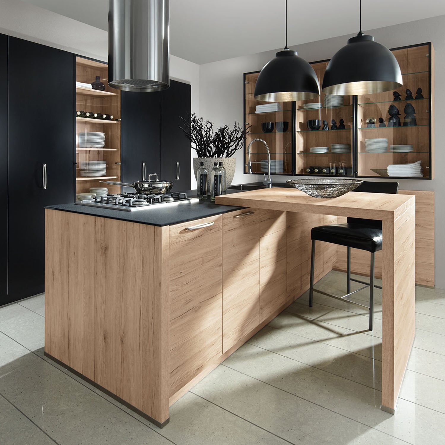 Contemporary Schröder German kitchen in Sanremo Oak and Fenix Schwarz with integrated appliances, breakfast bar peninsula, and black pendant lighting – bespoke kitchen design and installation by Iroka Interiors in Cornwall.