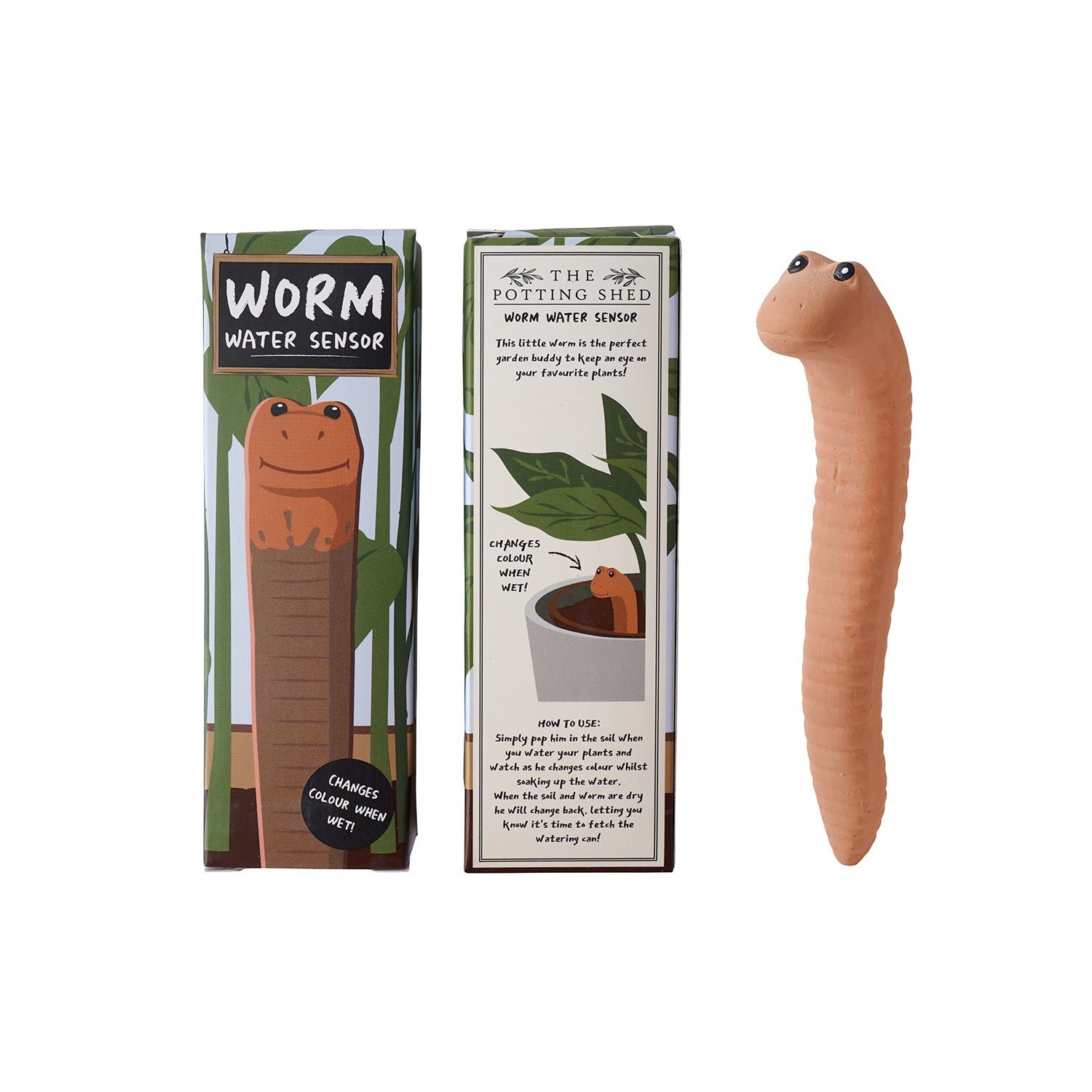 Worm-shaped water sensor with packaging on a white background