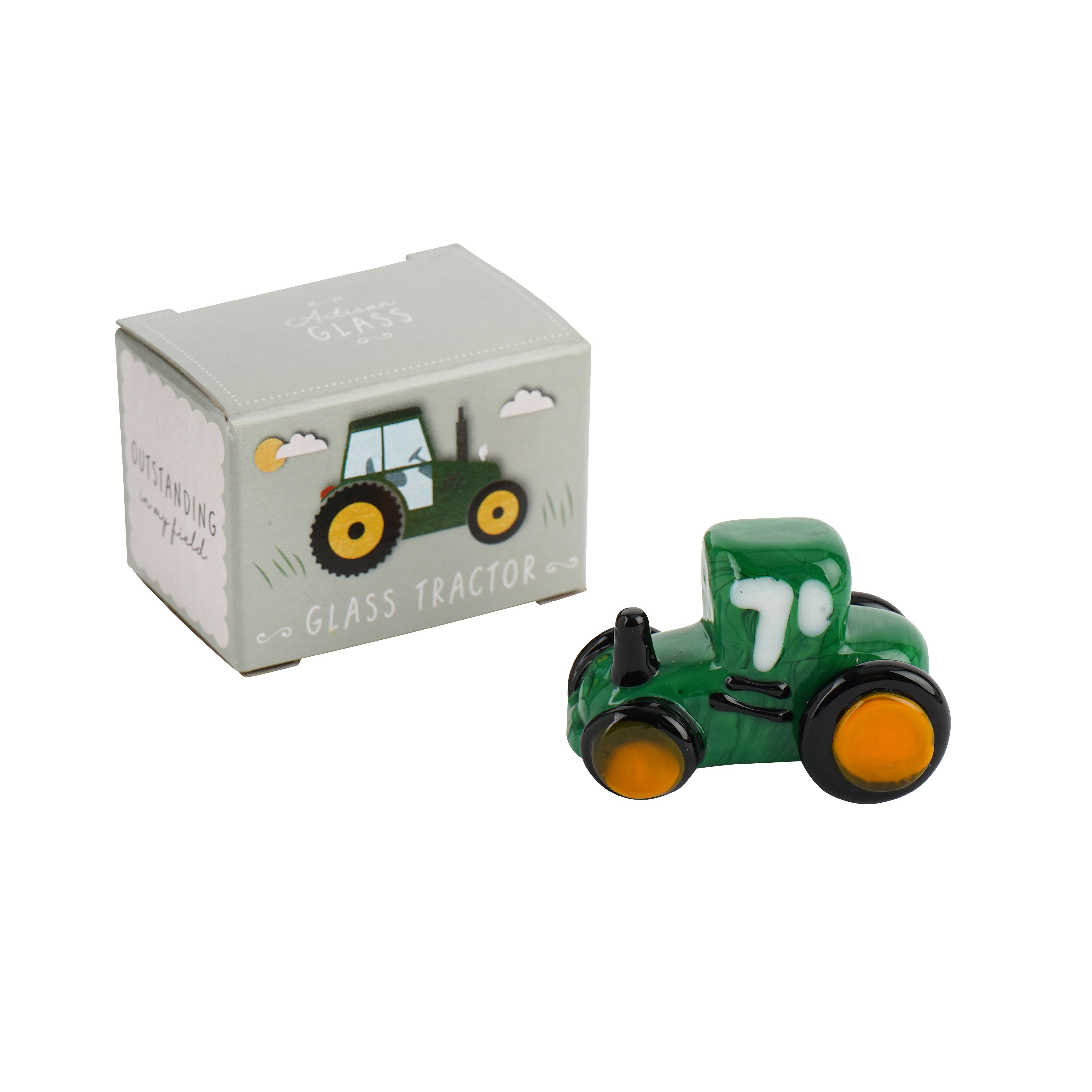 Small artisan glass green tractor by CGB Giftware alongside giftbox.