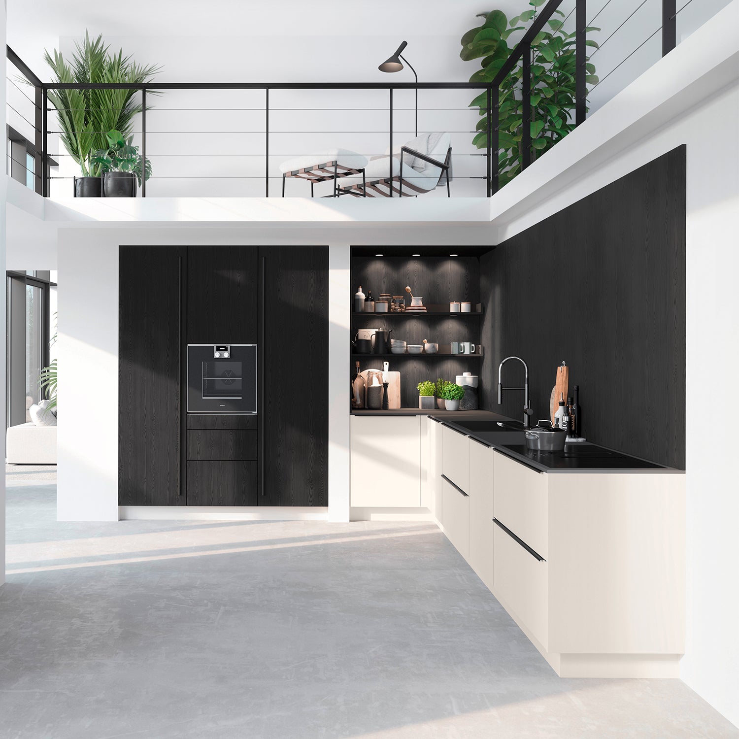 Contemporary Schröder German kitchen featuring high-gloss black and white cabinetry, open shelving, and integrated appliances in a bright open-plan space – sleek and innovative kitchen design by Iroka Interiors, Cornwall.