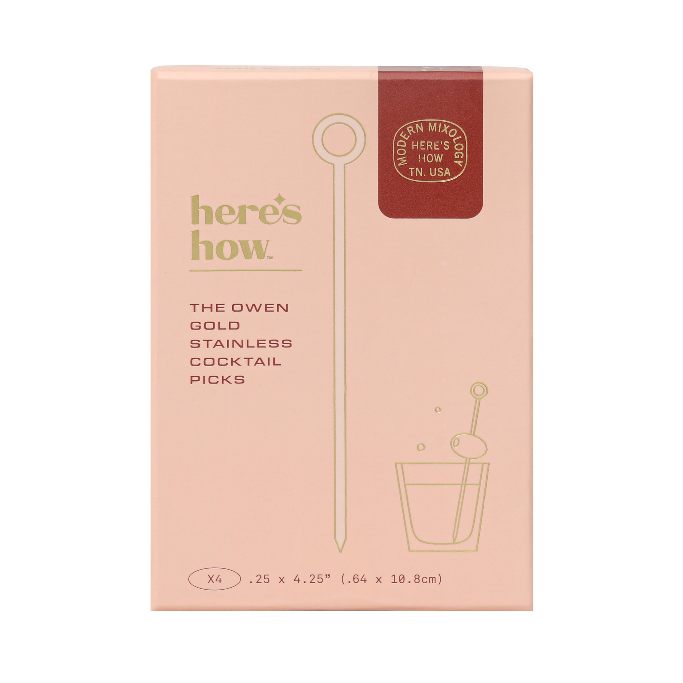 A box of 'Here's How' brand gold stainless cocktail picks.