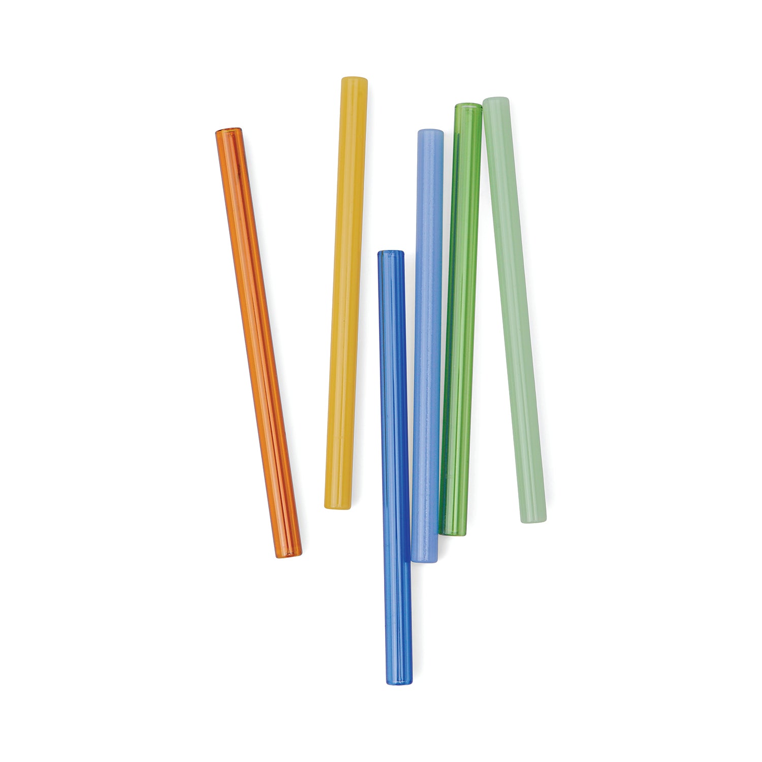 Six colorful plastic drinking straws in orange, yellow, light blue, dark blue, green, and light green, arranged vertically on a plain white background.