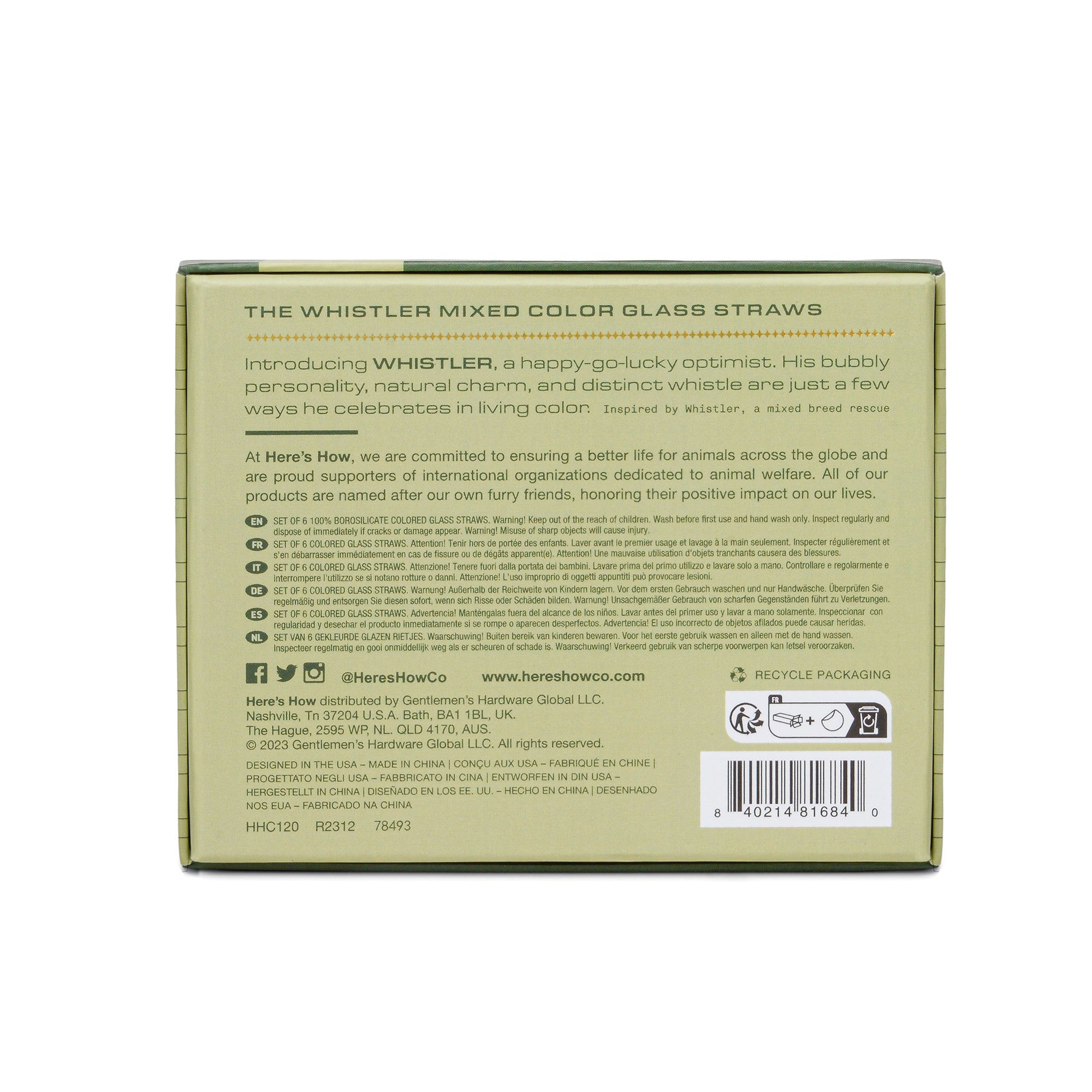 Back packaging panel for The Whistler Mixed Color Glass Straws, featuring product information, and a barcode on a light olive-green background.