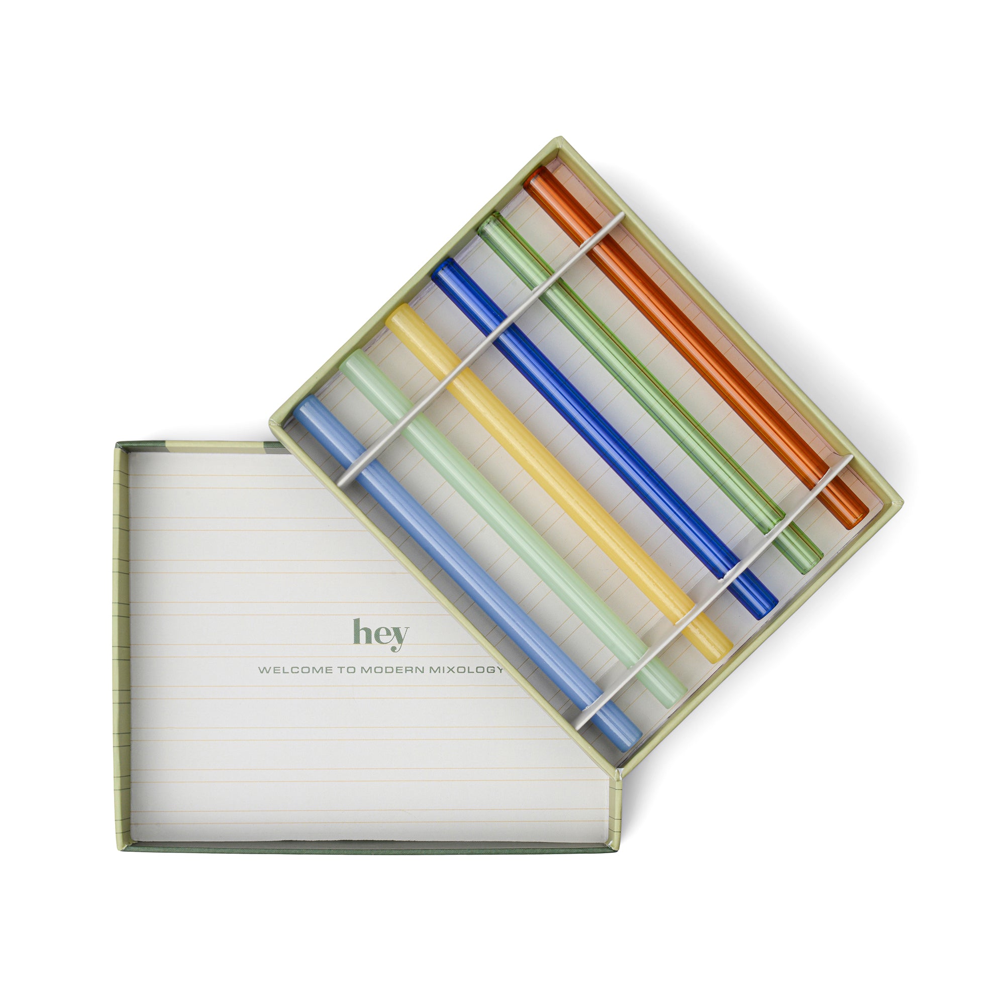 Set of colourful straws in a box with 'hey, Welcome to modern mixology' on a white background