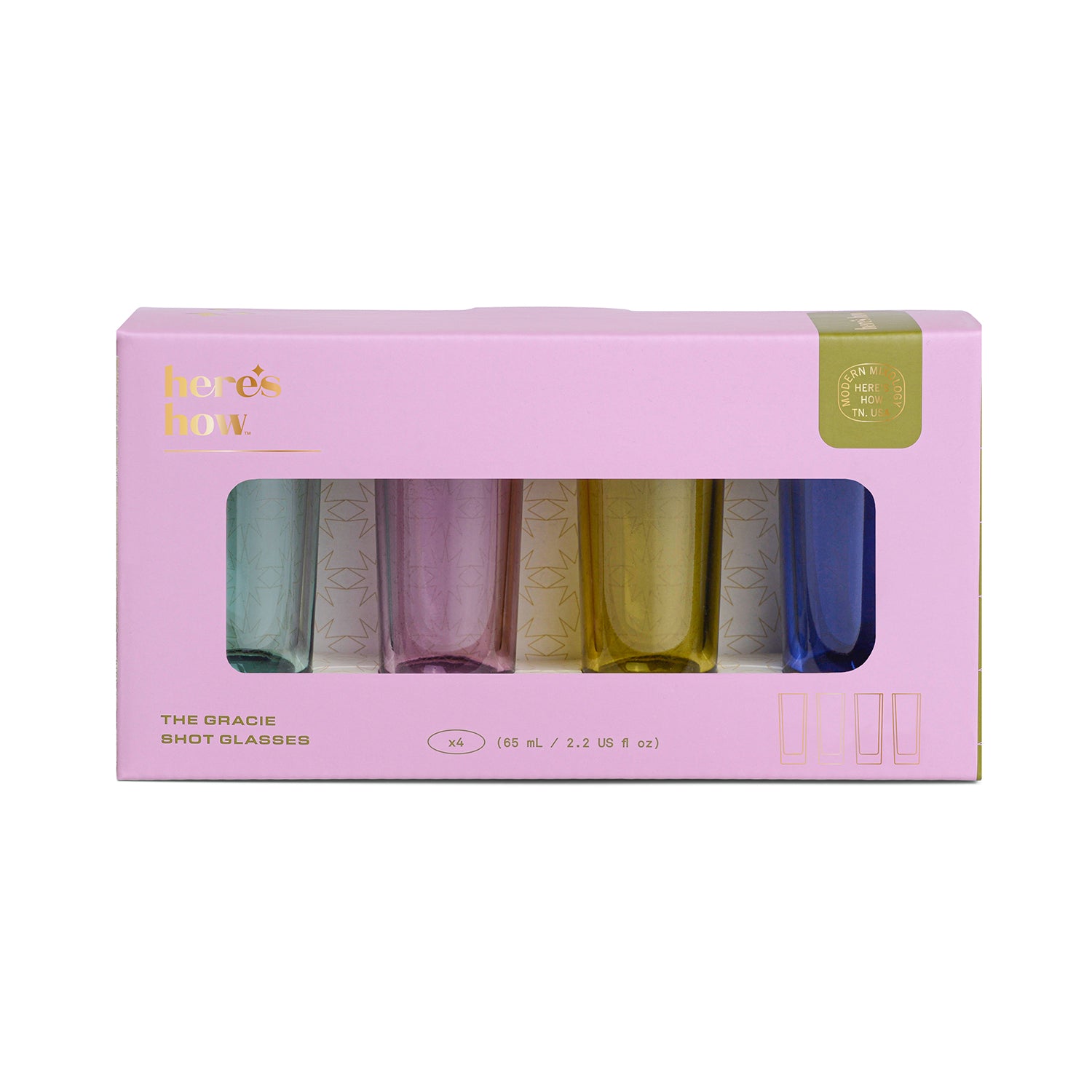 A set of four multicolored shot glasses packaged in a pink box with 'Designworks Gracie' branding.