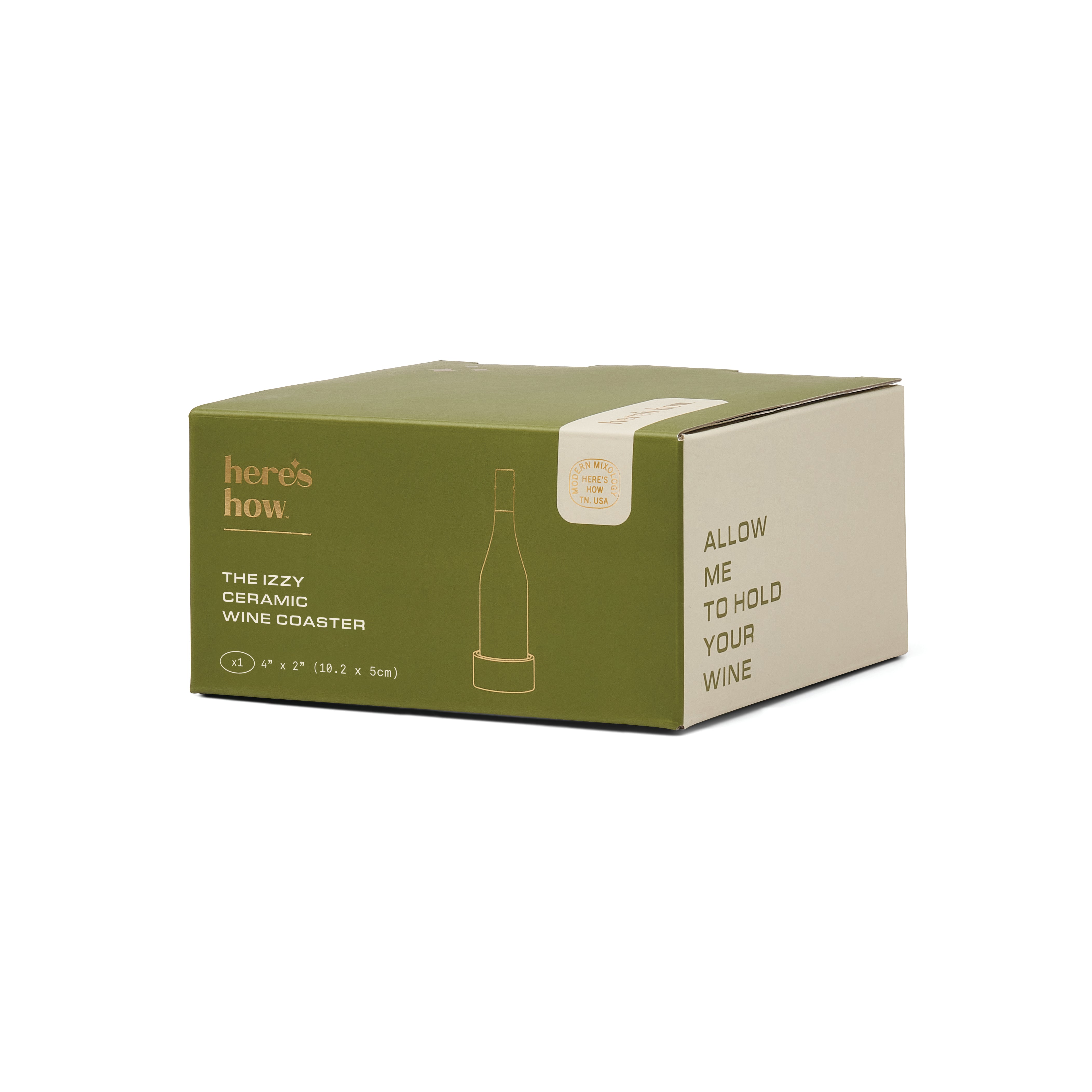 The 'Here's How' ceramic wine coaster packaging box, featuring an olive green top and side panel with a wine bottle outline, and a cream-colored front face with the text 'ALLOW ME TO HOLD YOUR WINE'.