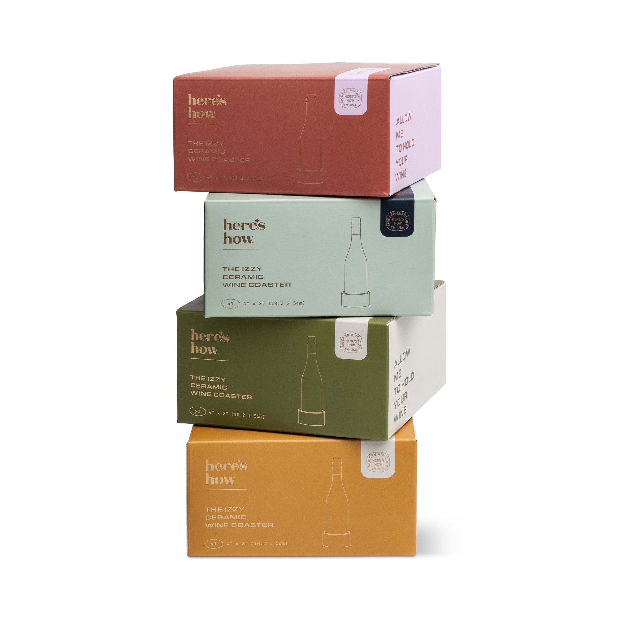 Stack of 'here's how' ceramic wine coasters with packaging on a white background
