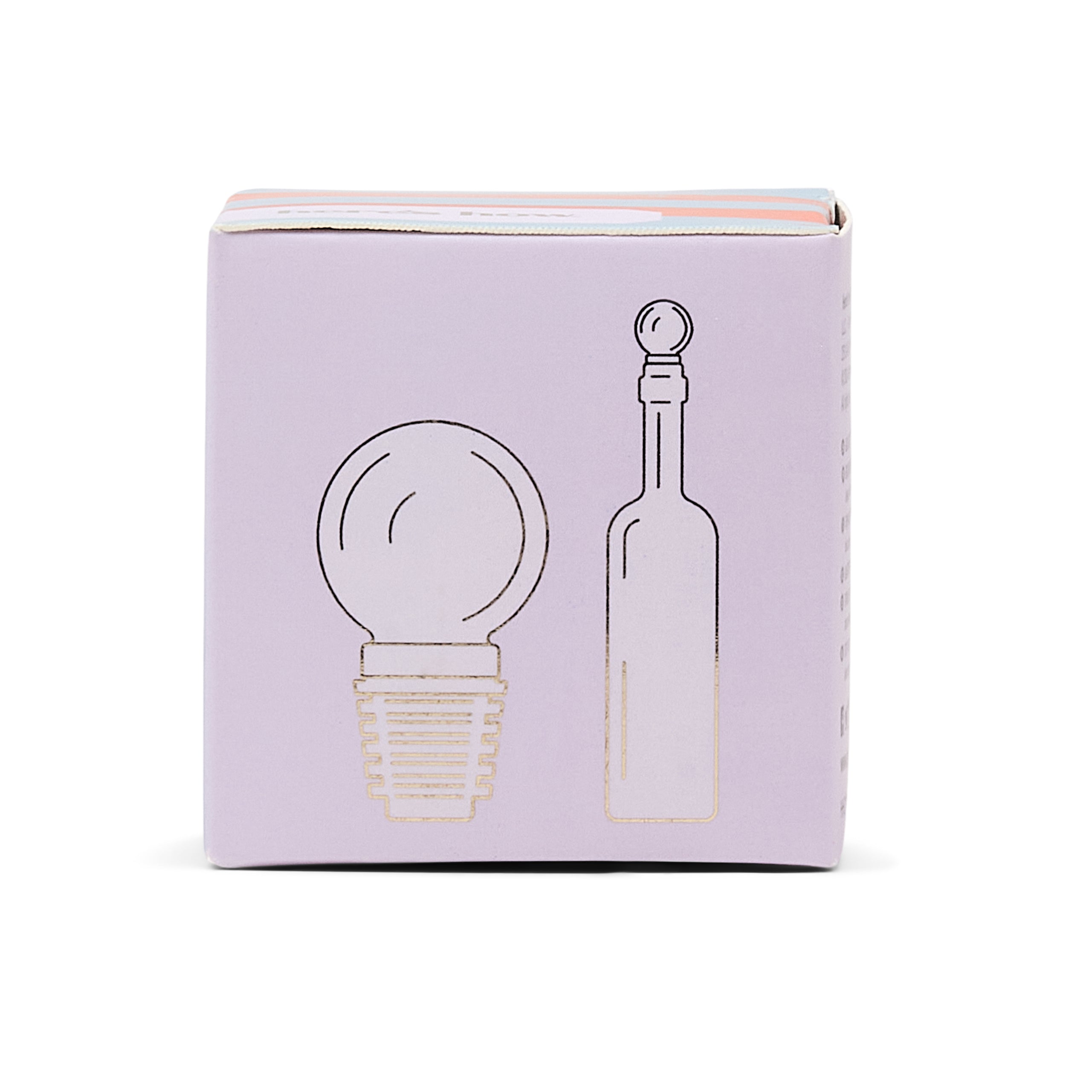 A square lavender box with minimalist line drawings of a light bulb and a bottle on the front, photographed against a clean white background.