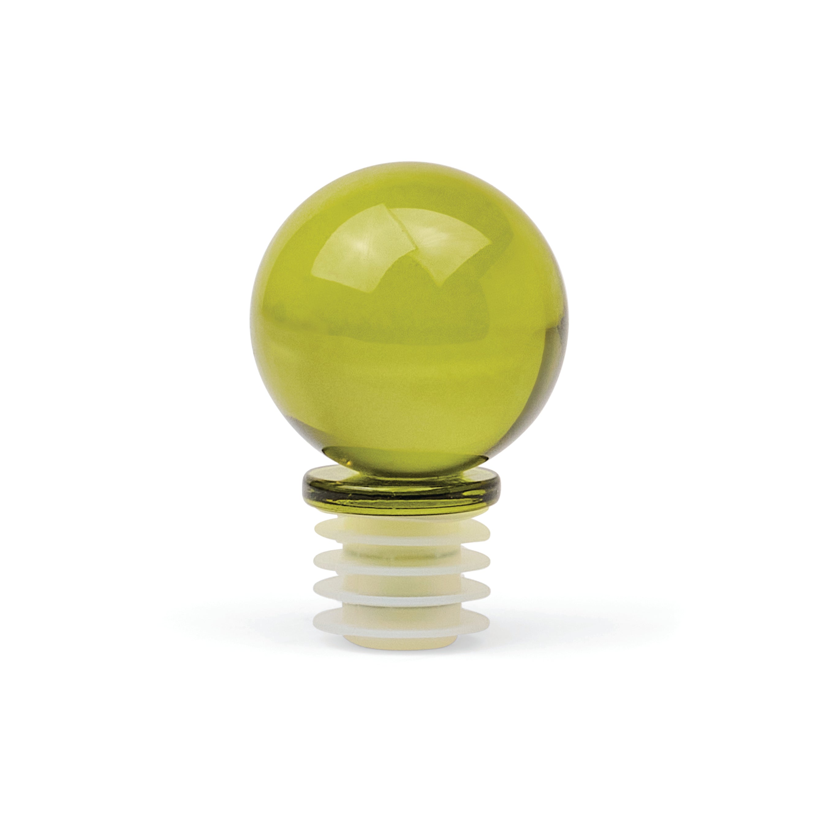 A translucent lime green glass BOTTLE STOPPER on a matching green glass base with a white ridged circular support underneath, isolated on a white background.