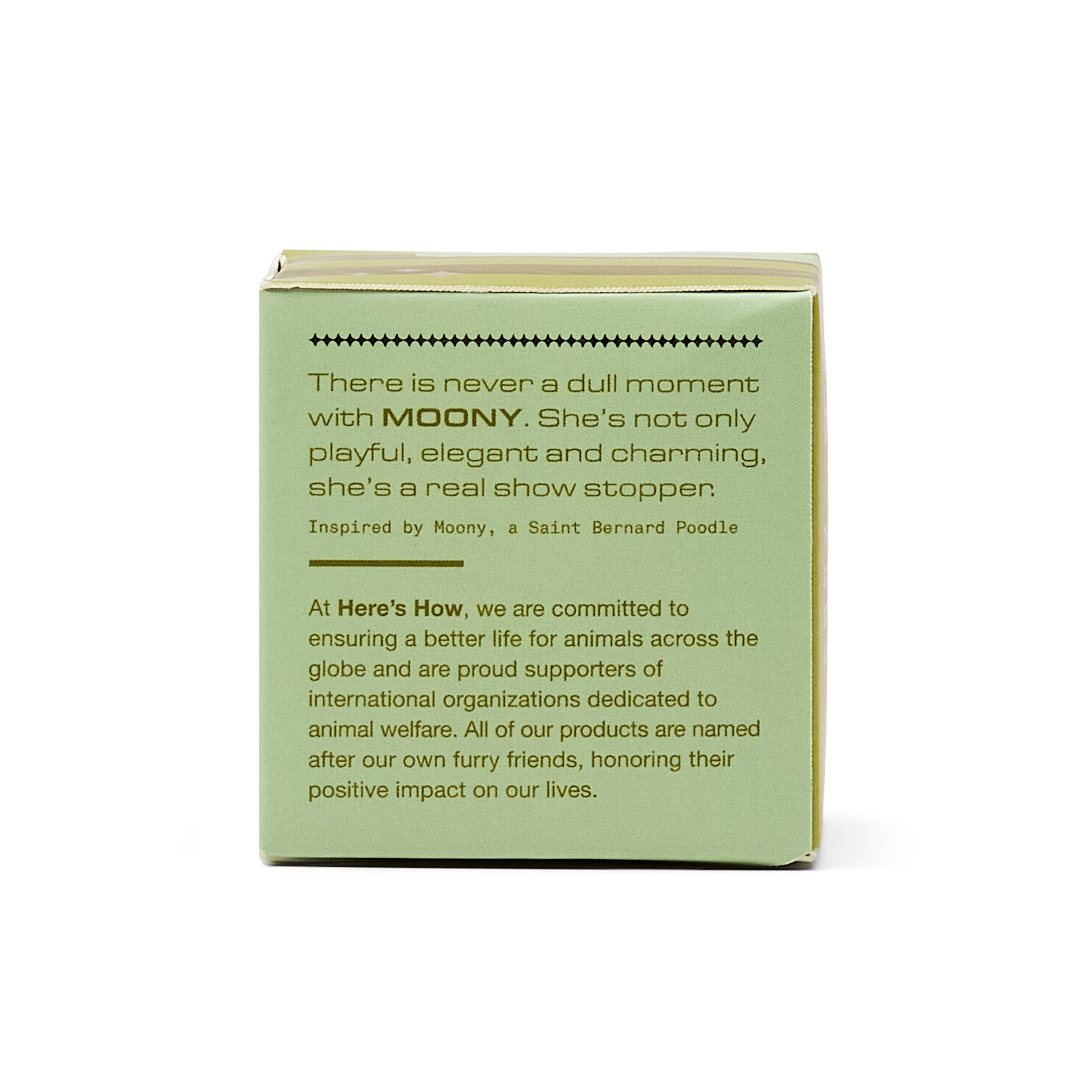 A square sage green product box with black printed text, shown on a plain white background.