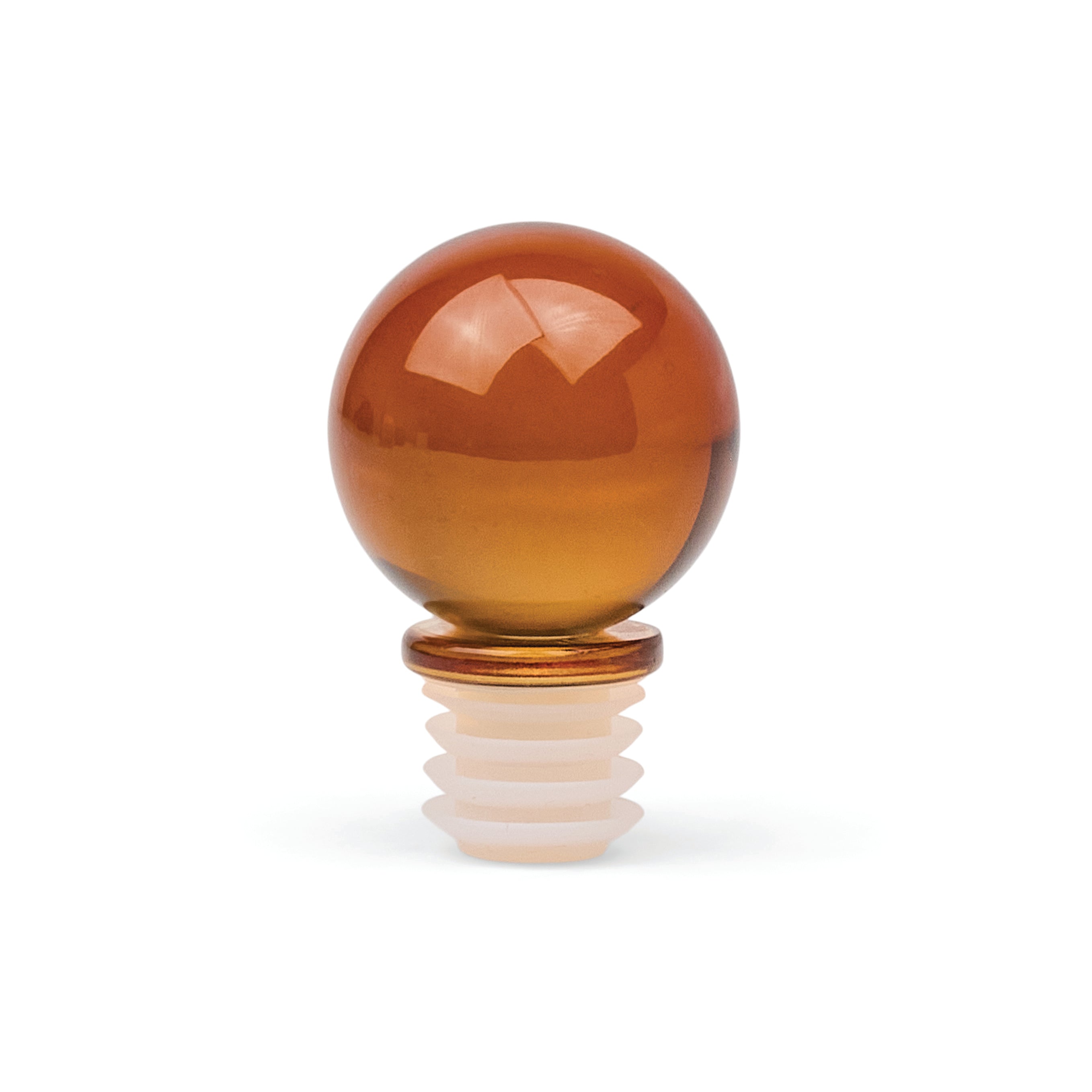 An amber glass bottle stopper featuring a smooth, rounded top and a ribbed, translucent white base, shown on a plain white background.