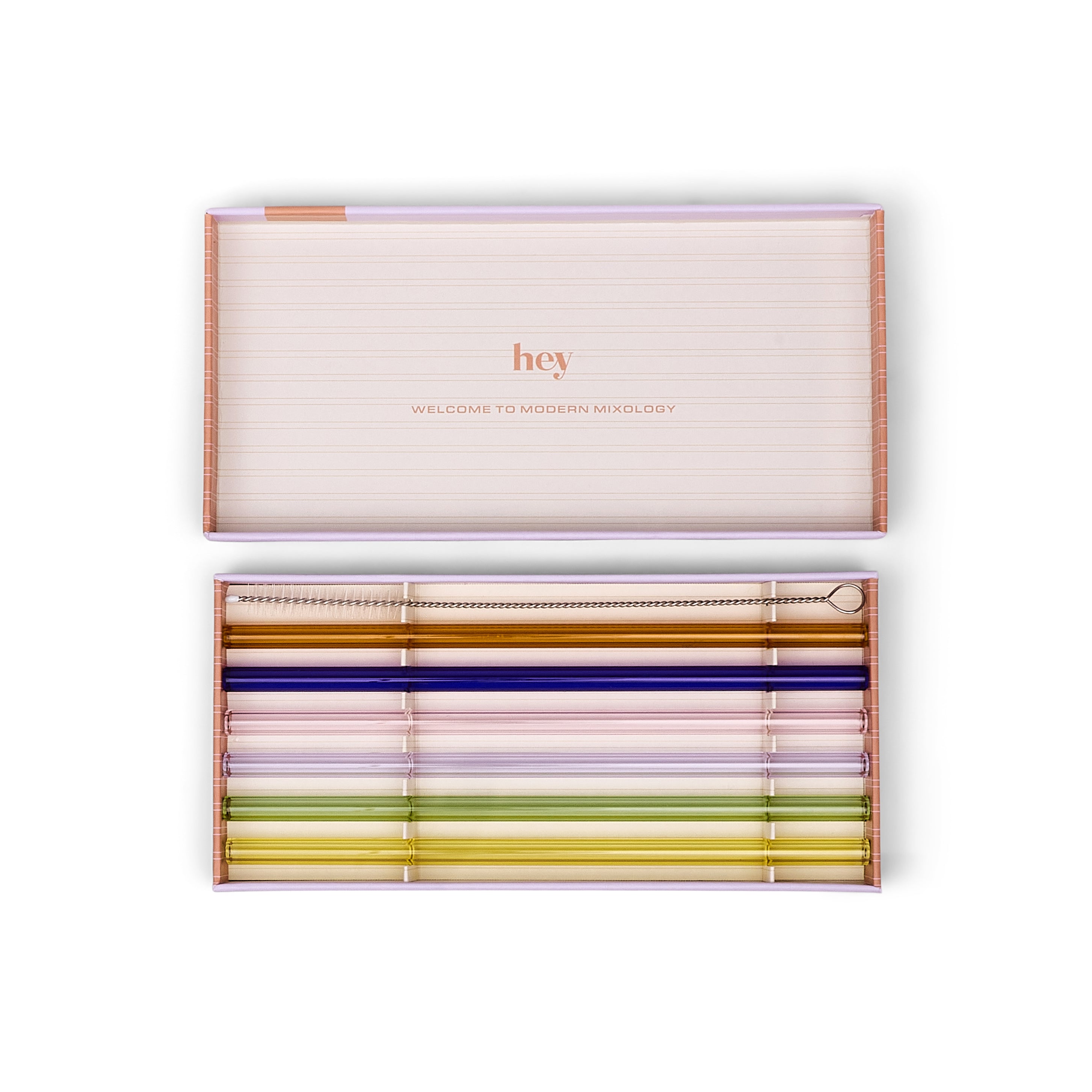 Set of colorful straws in a branded box on a white background